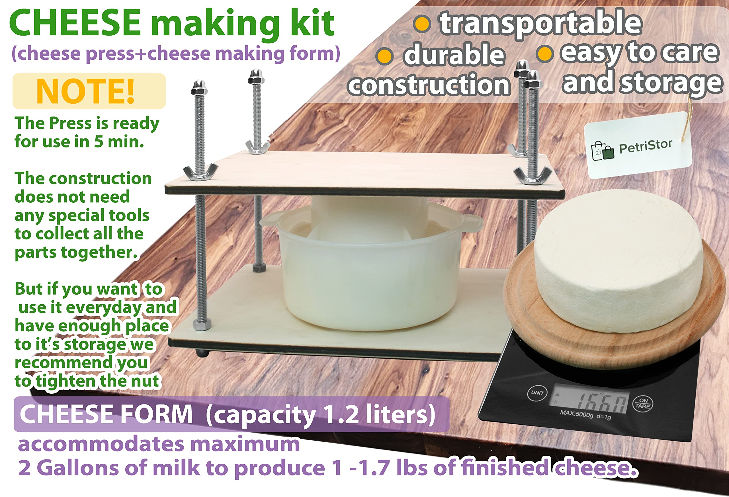 Petristor Wooden Cheese Press For Cheese Making Supplies 12 In Metal Guides And Cheese Mold With Follower Piston 1.3Qt - Small H