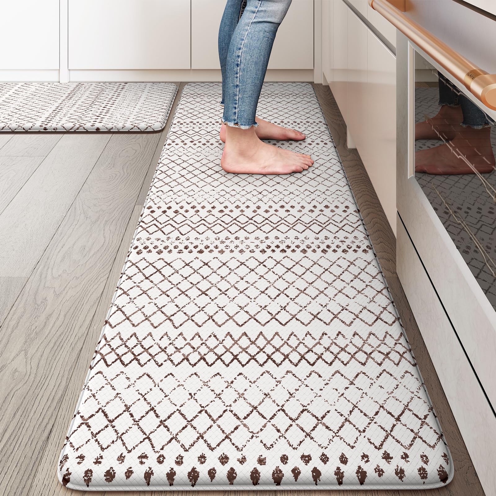 Kimode Anti Fatigue Kitchen Mats 2Pcs 17''X59''+17''X29'', Cushioned Boho Kitchen Runner Rugs,Non Slip Waterproof Kitchen Mats F