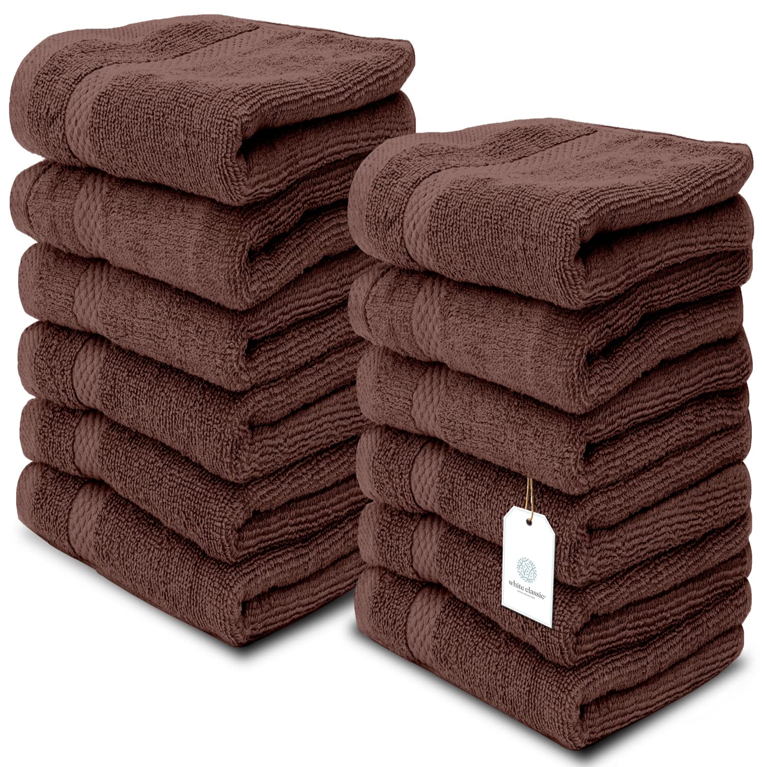 White Classic Luxury Cotton Washcloths - Large Hotel Spa Bathroom Face Towel | 12 Pack | Brown