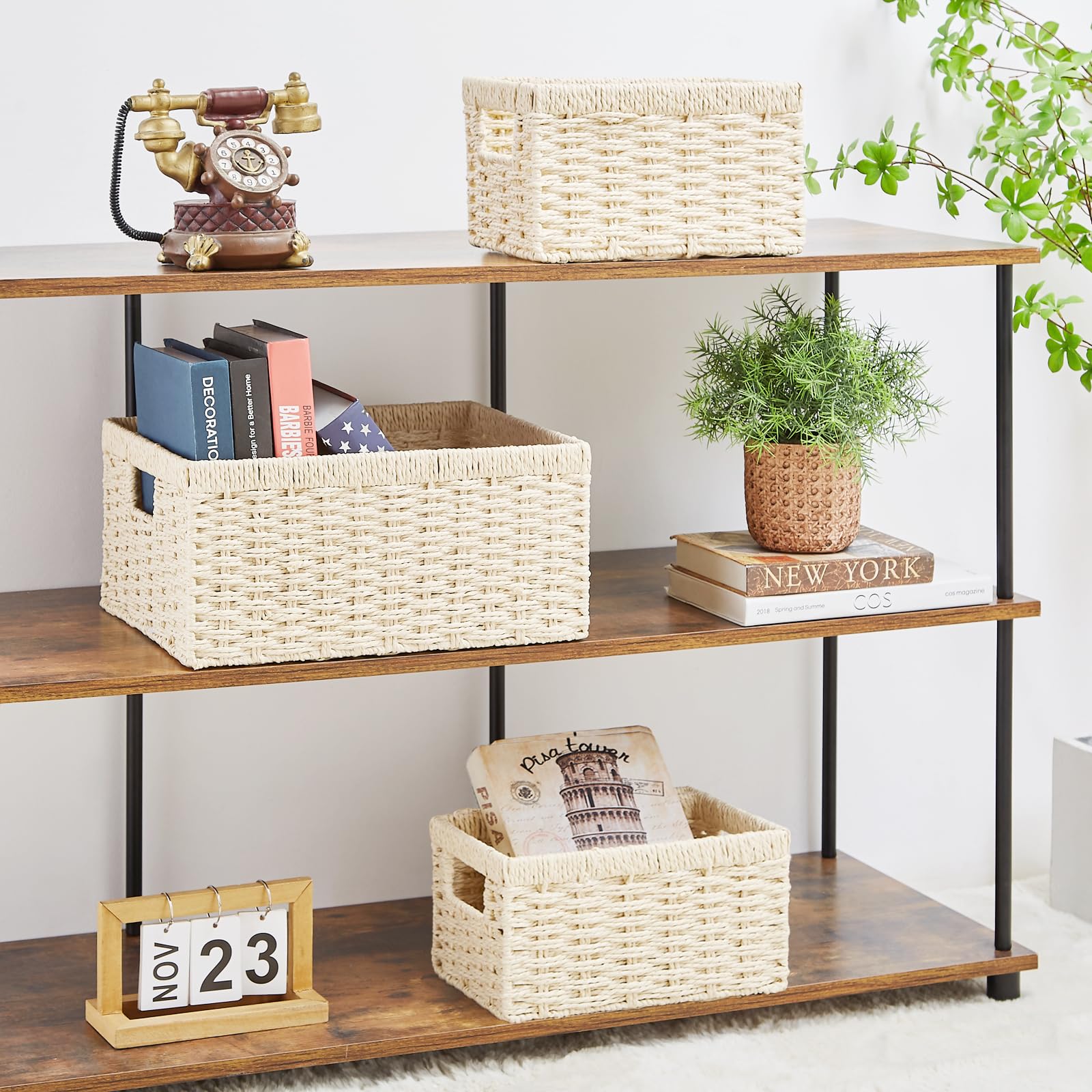 Vagusicc Wicker Storage Basket, Set Of 3 Wicker Basket, Hand-Woven Paper Rope Storage Baskets For Organizing, Large Cube Storage