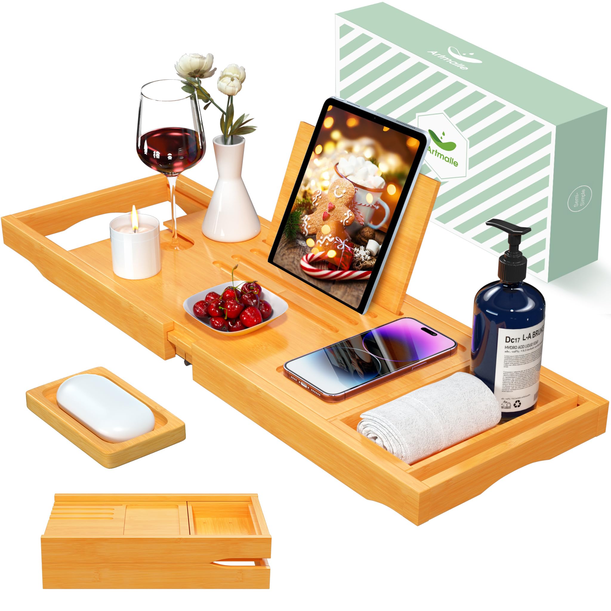 Artmalle Foldable Bathtub Tray For Tub, Bamboo Bathtub Caddy Tray Table With Book Stand For Luxury Bath, Bathroom Accessories Fo
