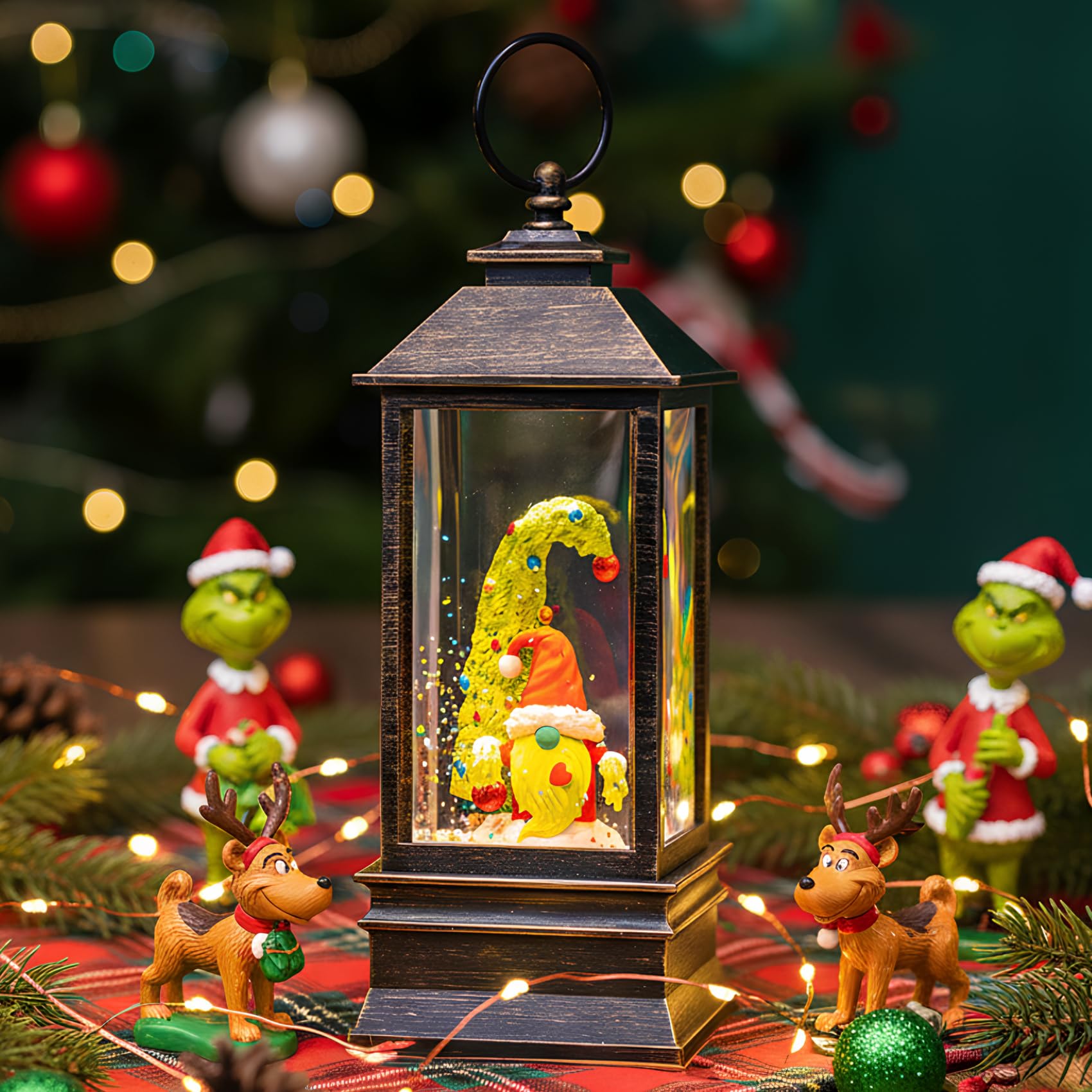 10 Christmas Gnomes Snow Globe Lantern Lighted Whimsical Christmas Tree & Santa Elf Musical Water Lantern Swirling Glittering 