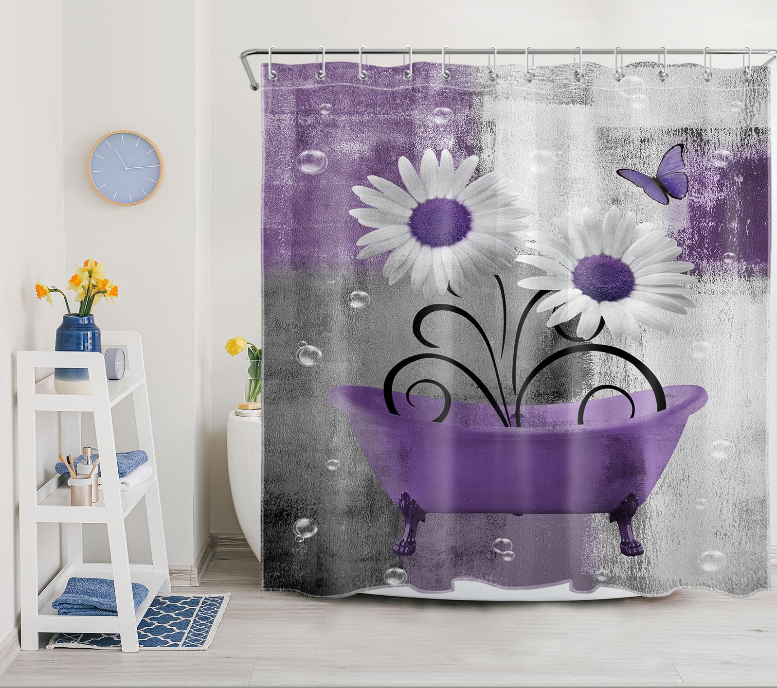 Meunear Purple Floral Shower Curtain Set Farmhouse Daisy Flower Butterfly In Bathtub Shower Curtain For Bathroom, Modern Abstrac