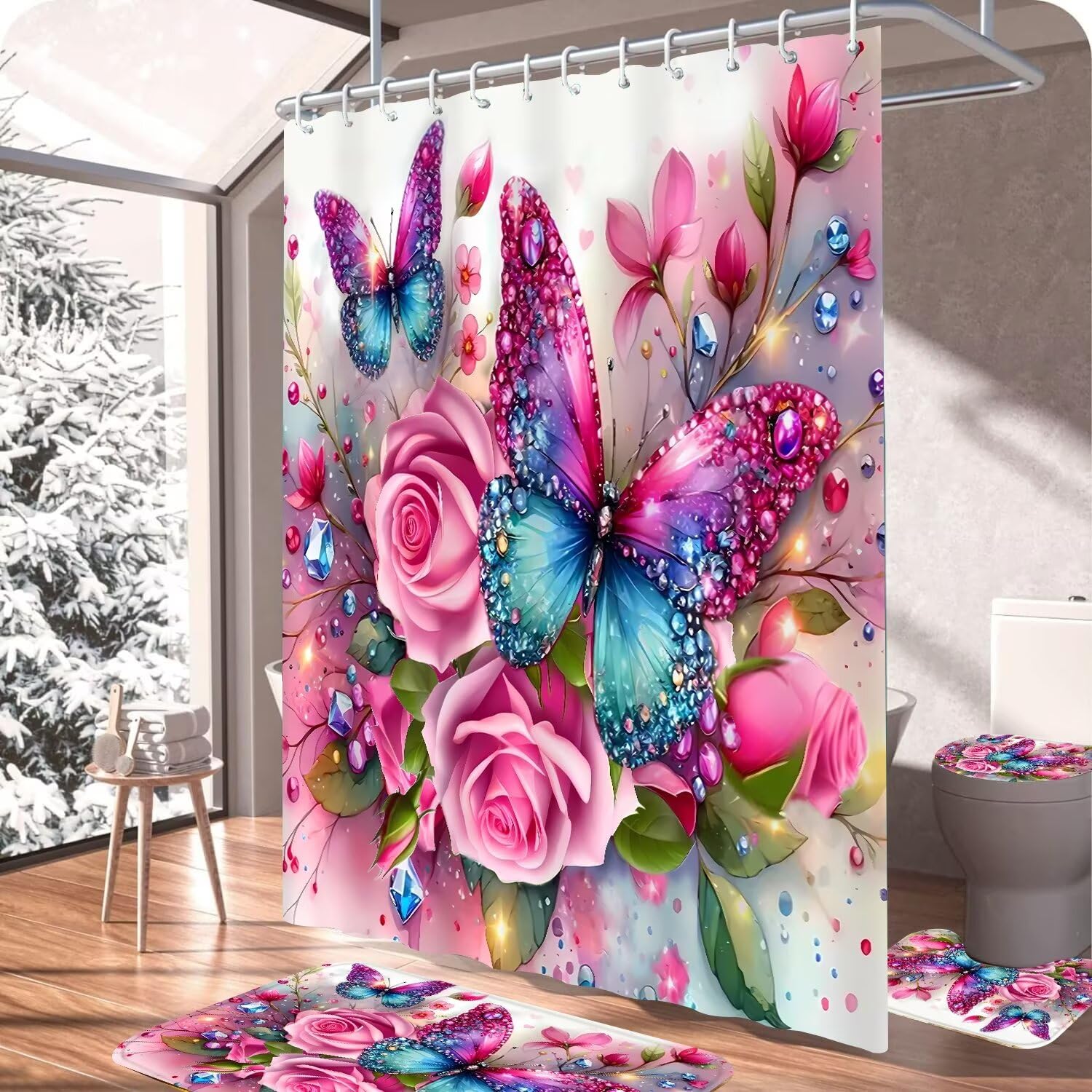 Ddqq 4Pcs Pink Glitter Floral Shower Curtain Set Rose Bathroom Sets Butterfly Diamond Shower Curtain With 12 Hooks Bathroom Deco