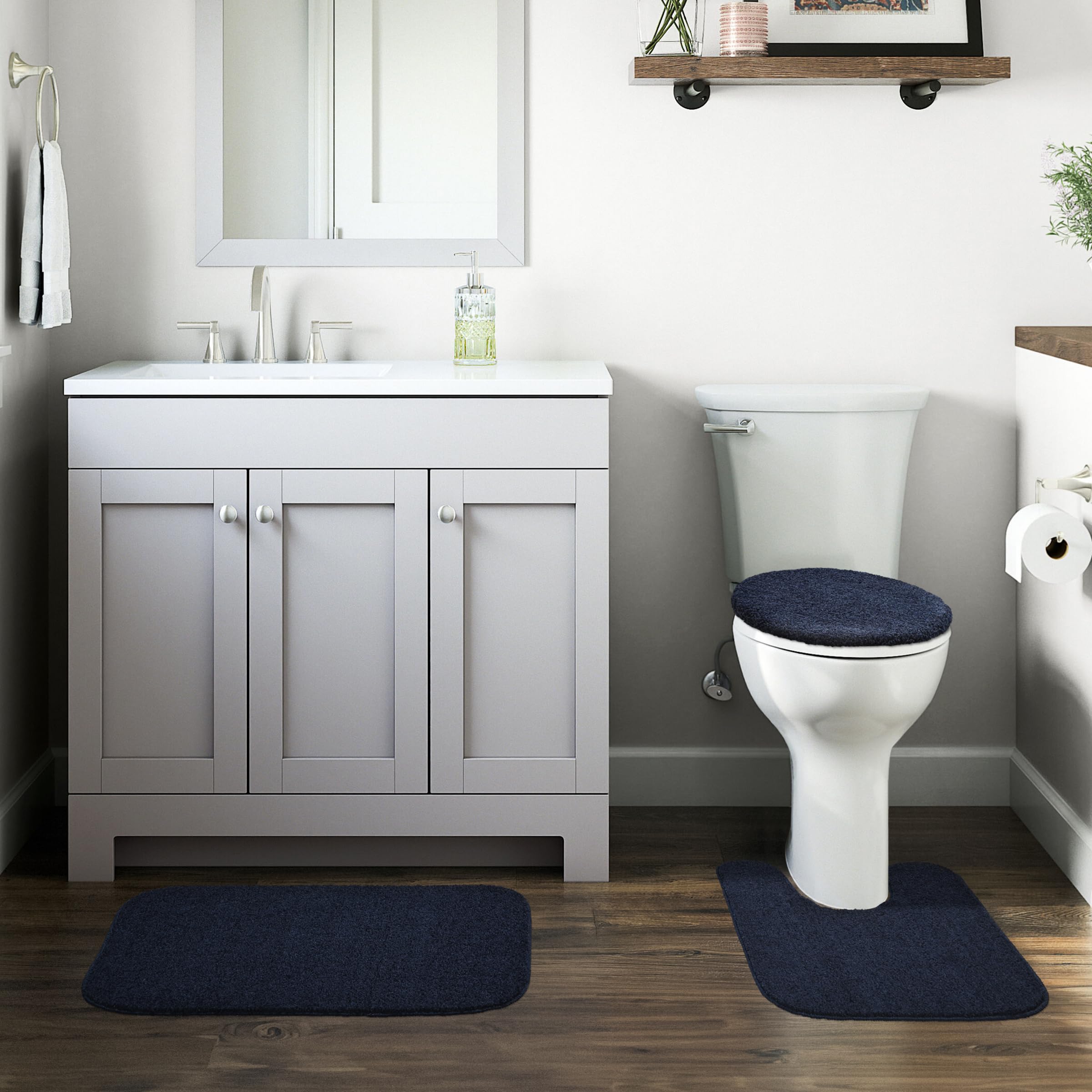 Garland Rug Gramercy Plush Polypropylene Washable Bath Rug Set, 3 Piece (Toilet Lid Cover, Contour Rug, 20'' X34' Bath Rugs) Nav