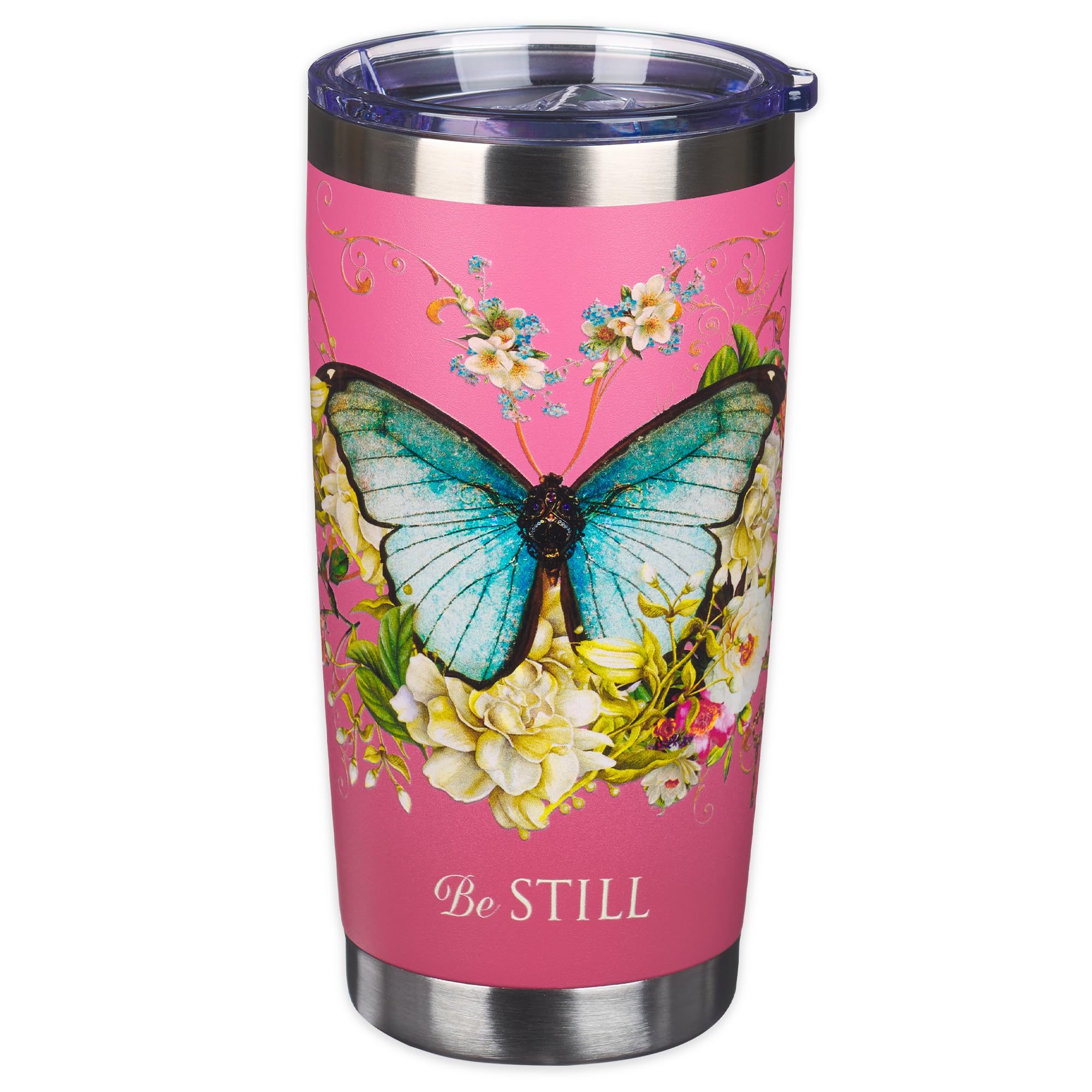 Christian Art Gifts Stainless Steel Double Wall Vacuum Insulated Travel Mug 18 Oz Butterfly Pink Bpa-Free Tumbler With Retractab