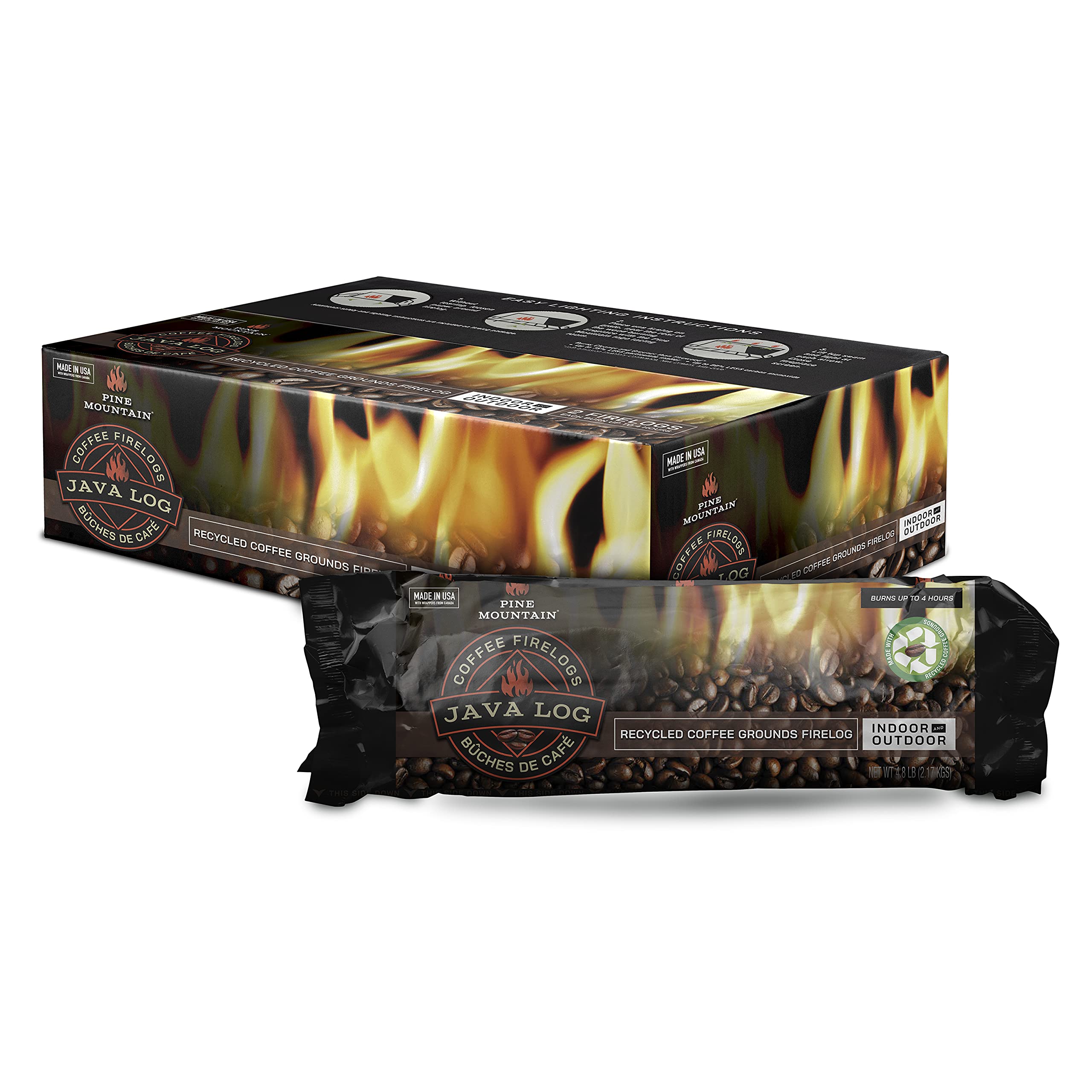 Pine Mountain Java Log, Recycled Coffee Grounds 4-Hour Firelog Long Burning Firelog For Campfire, Fireplace, Fire Pit, Indoor &