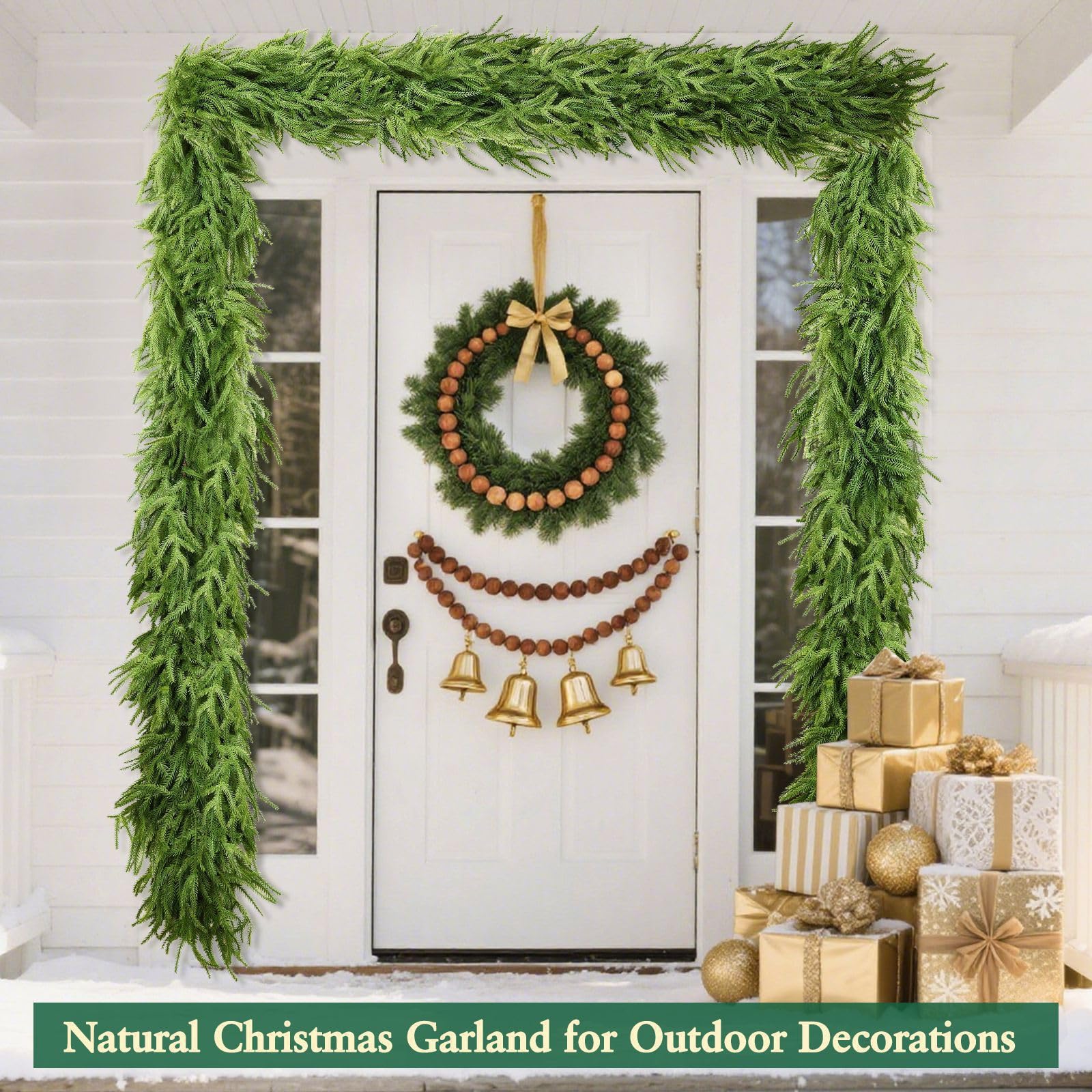 Prelit & Timer - 9 Ft by 10 Inch Christmas Garland with Lights, Real Touch Norfolk Pine Garland 180 Branches Tips Cedar Garlands