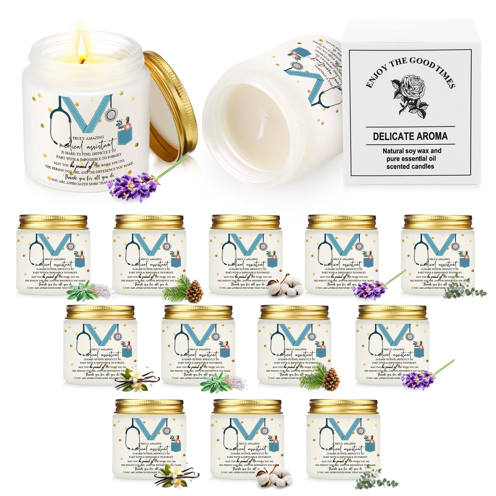 Nuanchu 12 Pcs Medical Assistant Gifts Soy Scented Candles Bulk Aromatherapy Jar 3.5 oz Soy Wax 6 Styles Scented Candles Present