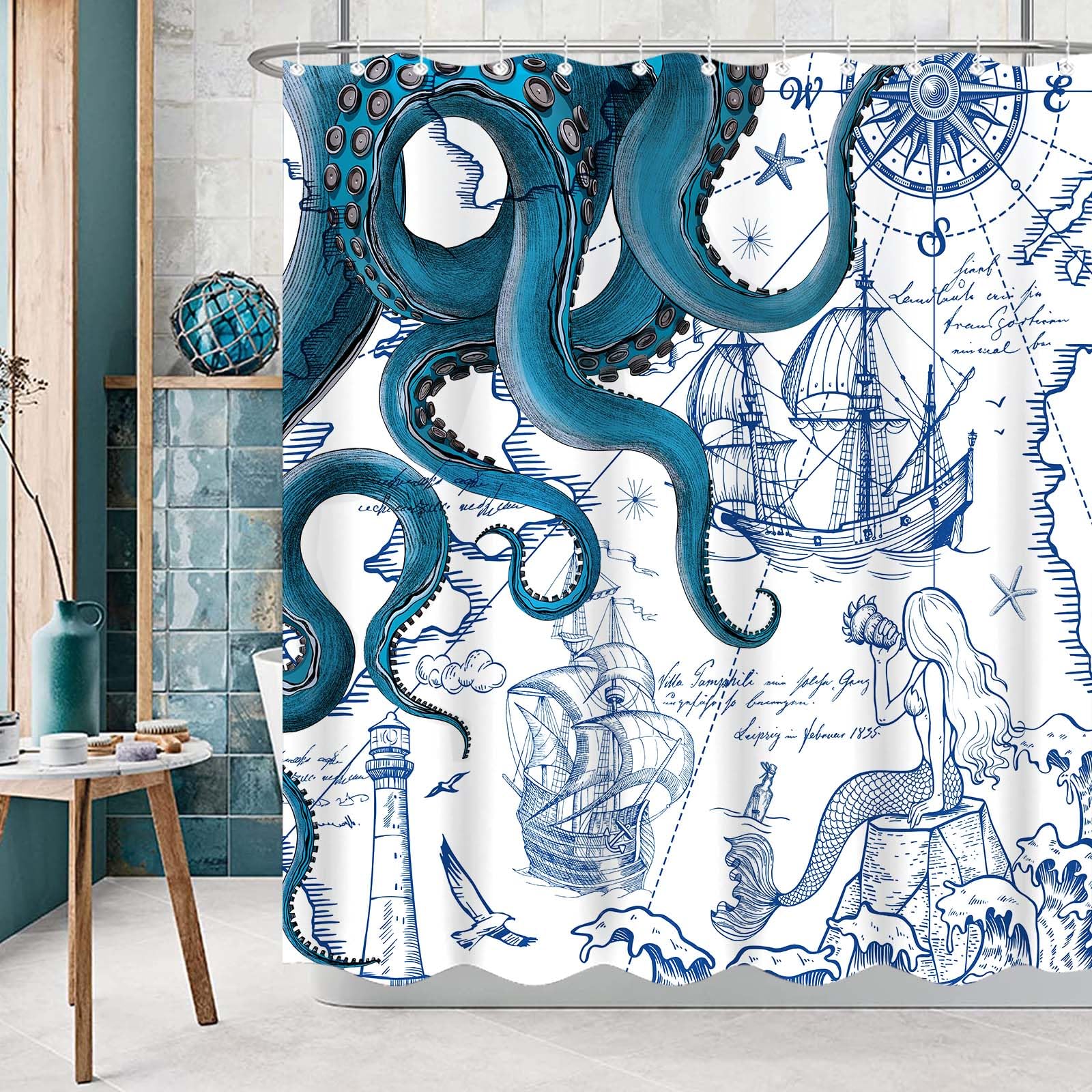 Fungarth Long Blue Nautical Octopus Shower Curtain Navy Mermaid Funny Ocean Kraken Shower Curtains For Bathroom Cool Anchor Coas