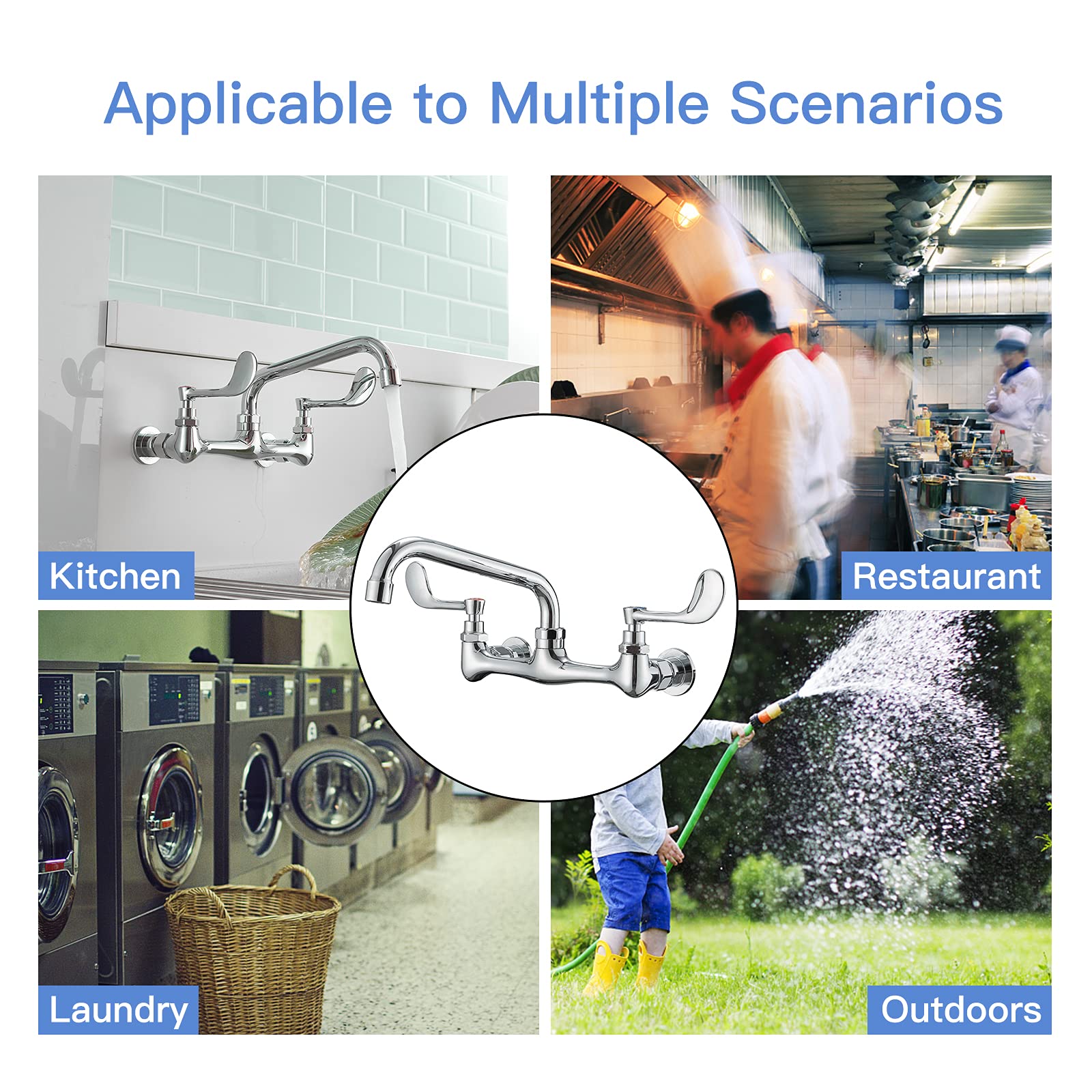 Bwe Kitchen Sink Faucet, Wall Mount Faucet 2 Handle With Swivel Spout 8'' Center Sink Faucet Commercial Polished Chrome Utility