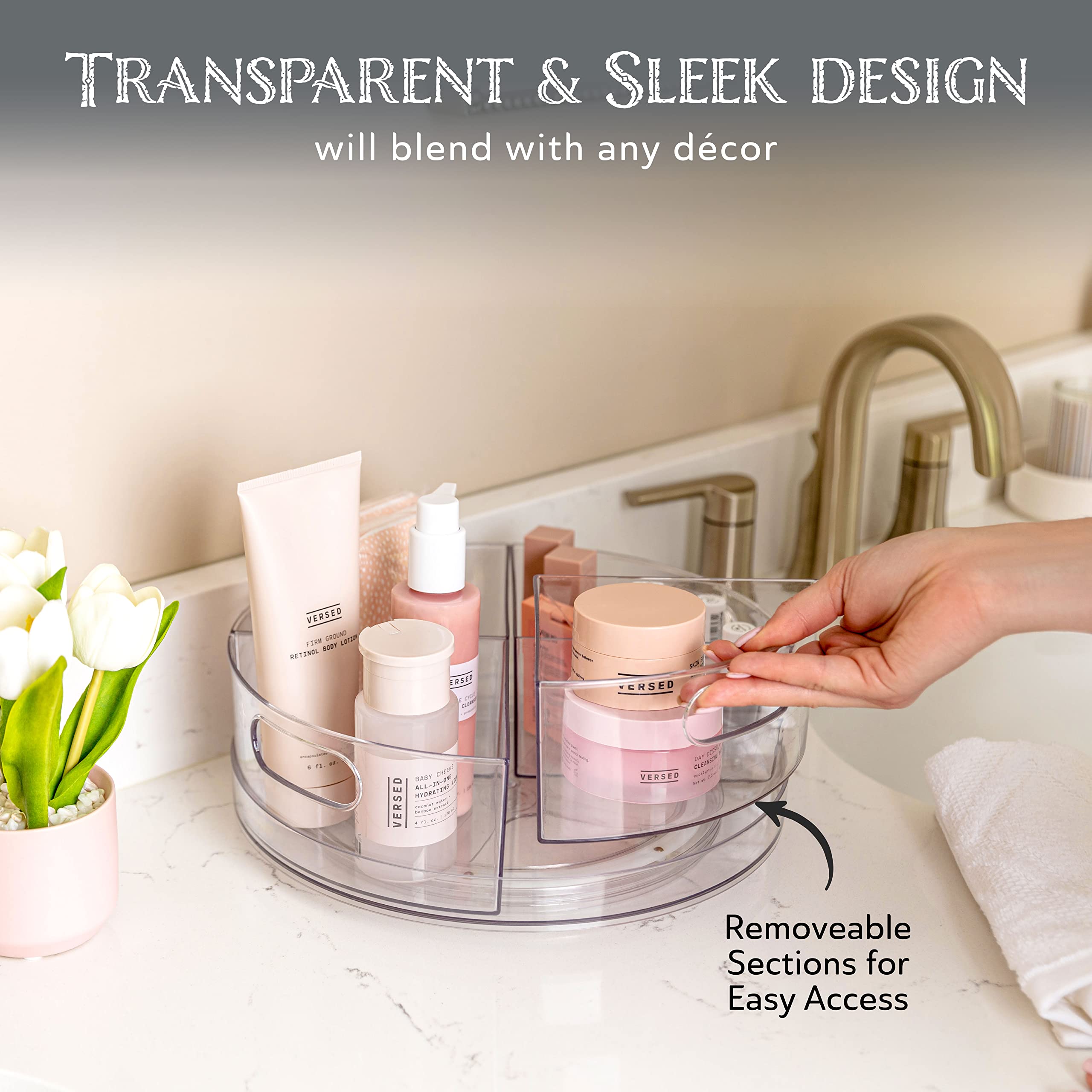 Oizeir Lazy Susan Turntable - Clear Acrylic, Removable Sections, Rotates 360 Degrees. Easily Organize Your Fridge, Cabinet Or Co