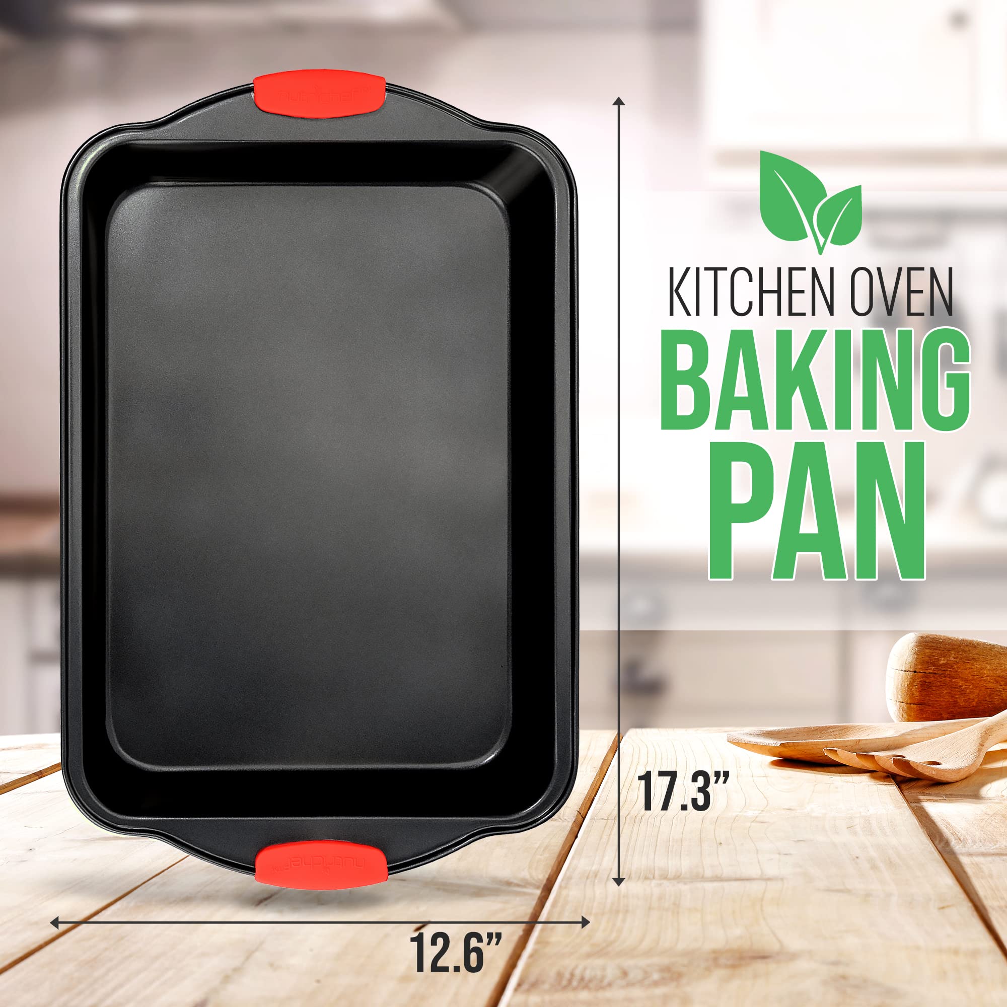 Nutrichef Extra Large Nonstick Baking Pan - Carbon Steel Roasting Tray W/ Red Silicone Handles - Premium Bakeware For Brownies,