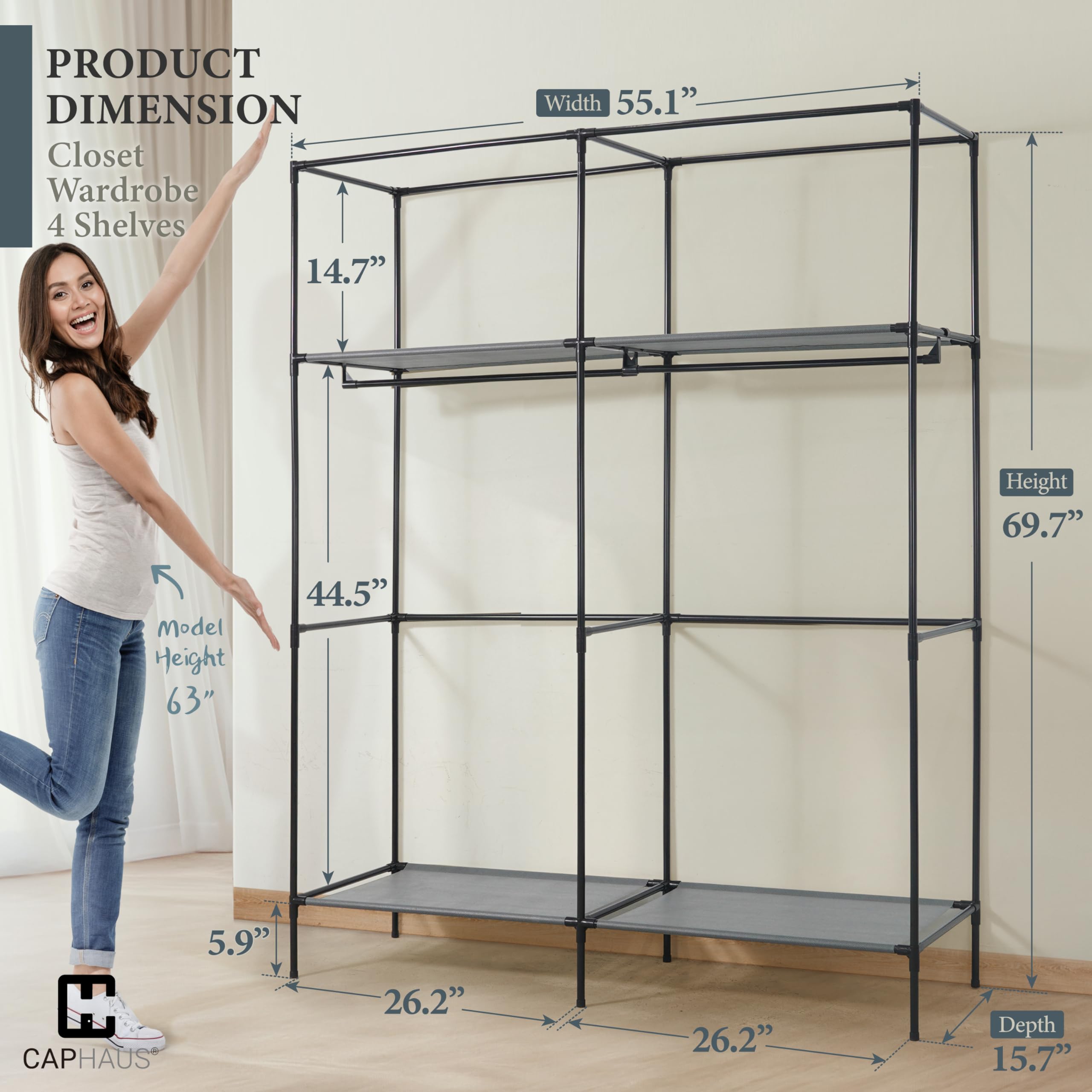 Caphaus 55-Inch Clothing Rack With Cover, Portable Closet Wardrobe, Covered Garment Rack For Hanging Clothes, 190Lb Capacity Hea
