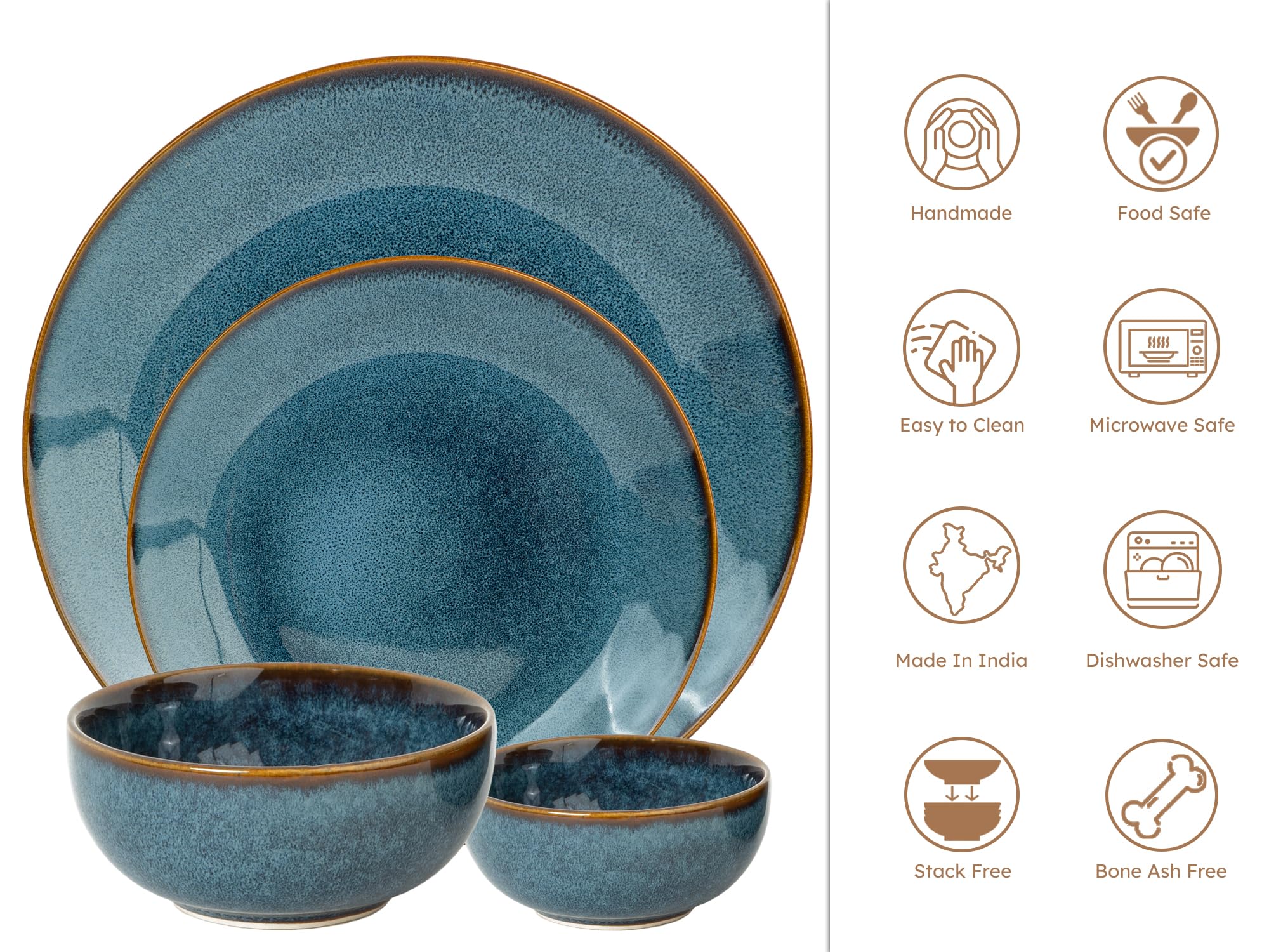 Bodhi House Handcrafted Stoneware Reactive Glaze Ceramic Dinner Set, 20 Pieces Serving For 6, Microwave And Dishwasher Safe, Bon