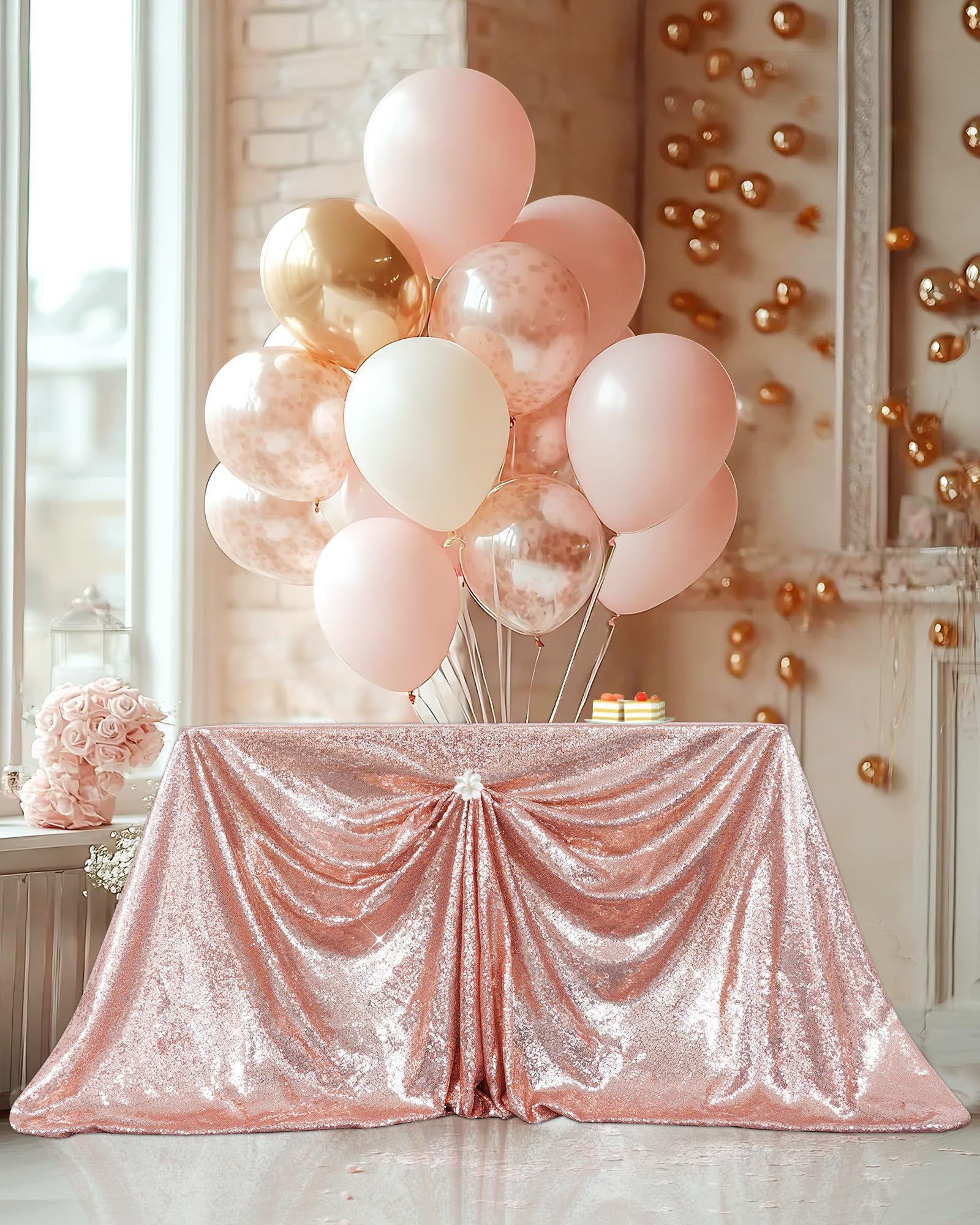 PartyDelight Sequin Tablecloth Rose Gold Rectangle 50x80 Shimmer Table Cloths Sparkle Glitter Decorations