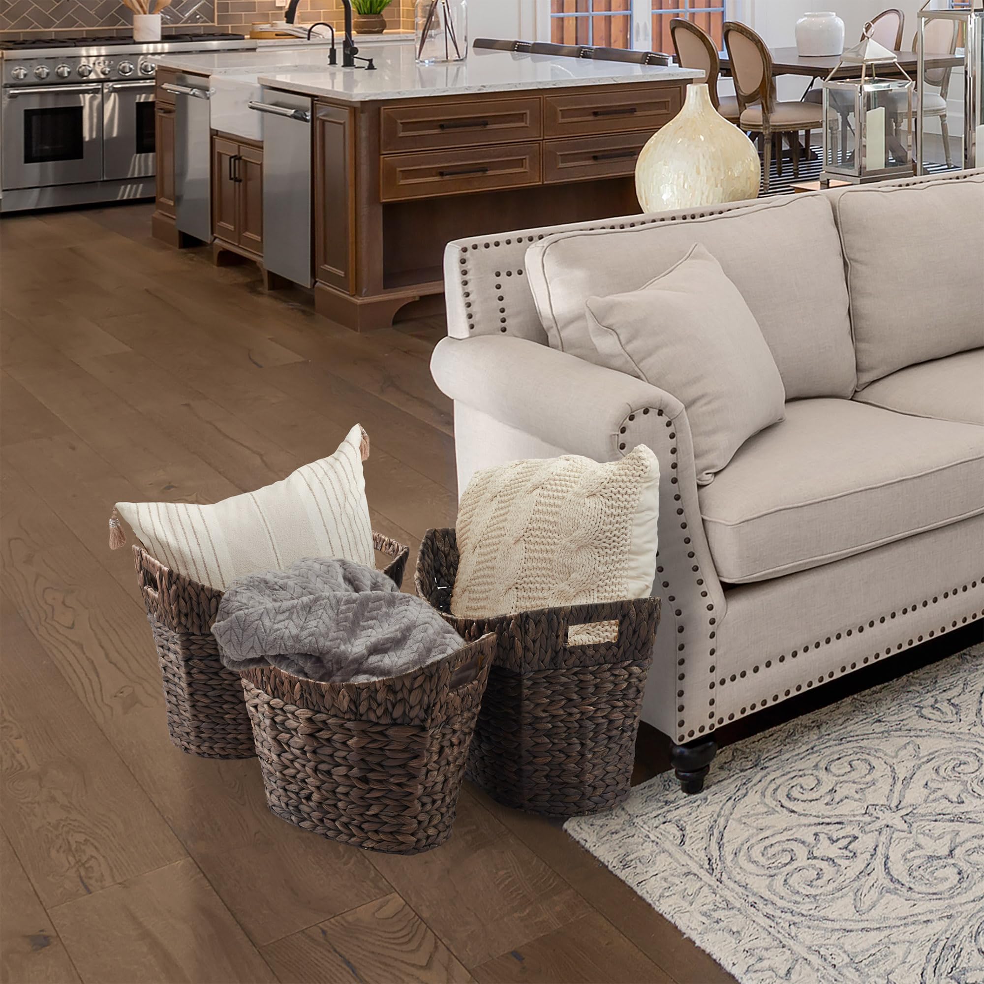 Casafield Set Of 3 Stackable Oval Laundry Baskets With Handles - Espresso, Woven Water Hyacinth Storage Totes For Throw Blankets