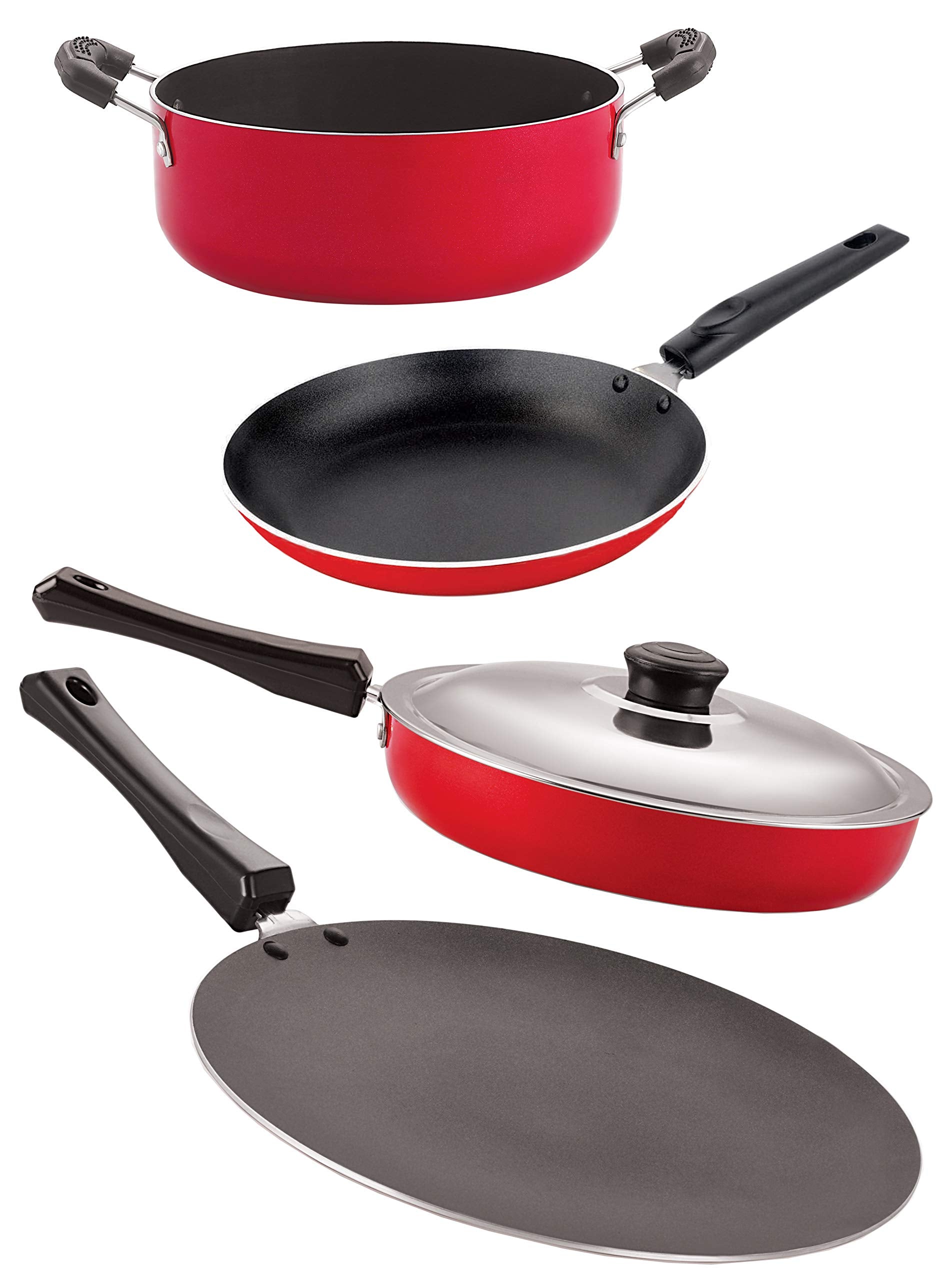 Nirlon NonStick Aluminum Cookware Set, 4Piece, Red And Black (2.6Mm_Ct_Fp12_Tp_Cass22)