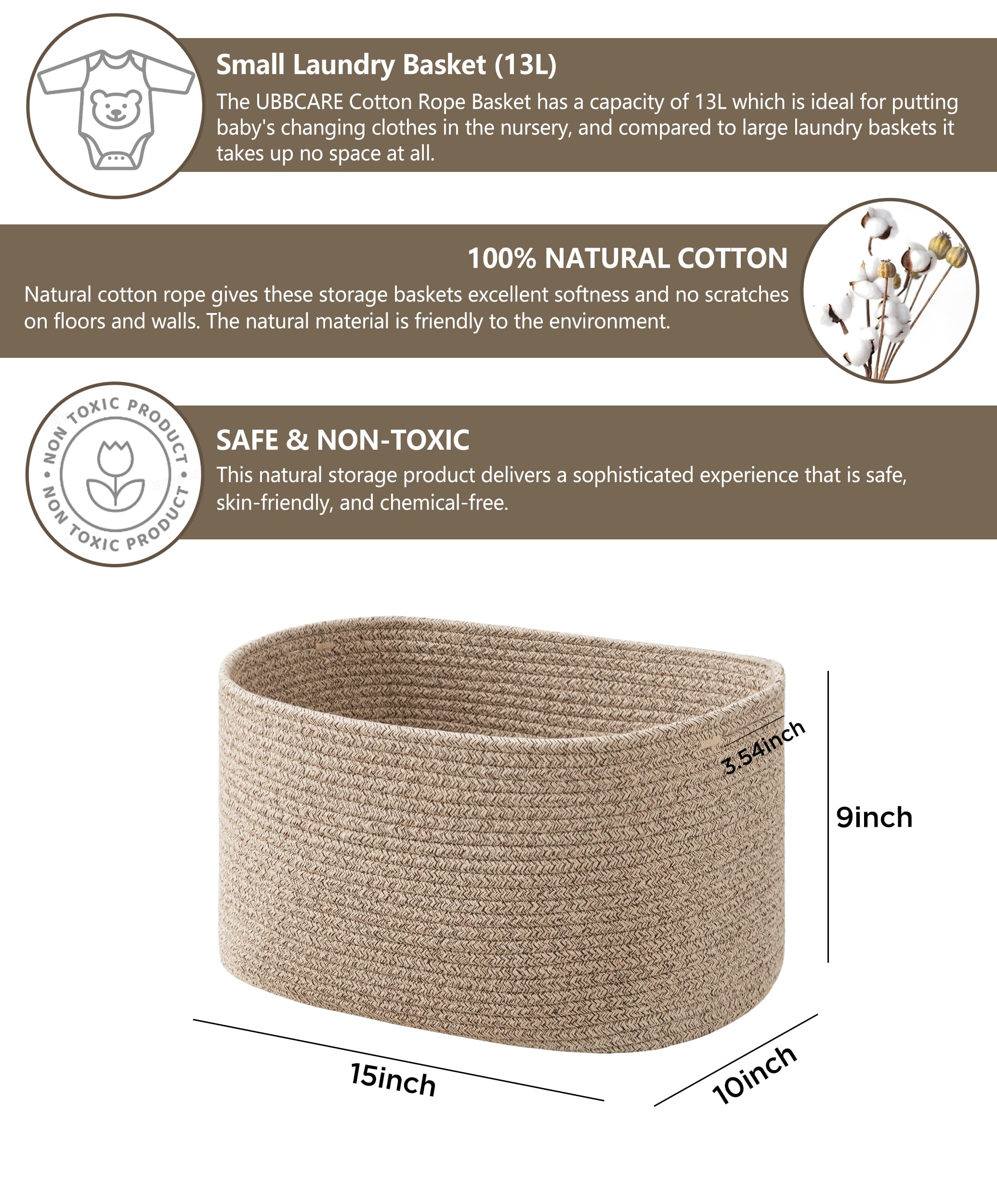 UBBCARE Storage Baskets for Shelves  15''x10''x9'' Larger Baskets for Organizing  Soft Cotton Rope Basket  Toy Basket  Cube Shelf Closet Storage Baskets  3 Packs  Light Brown