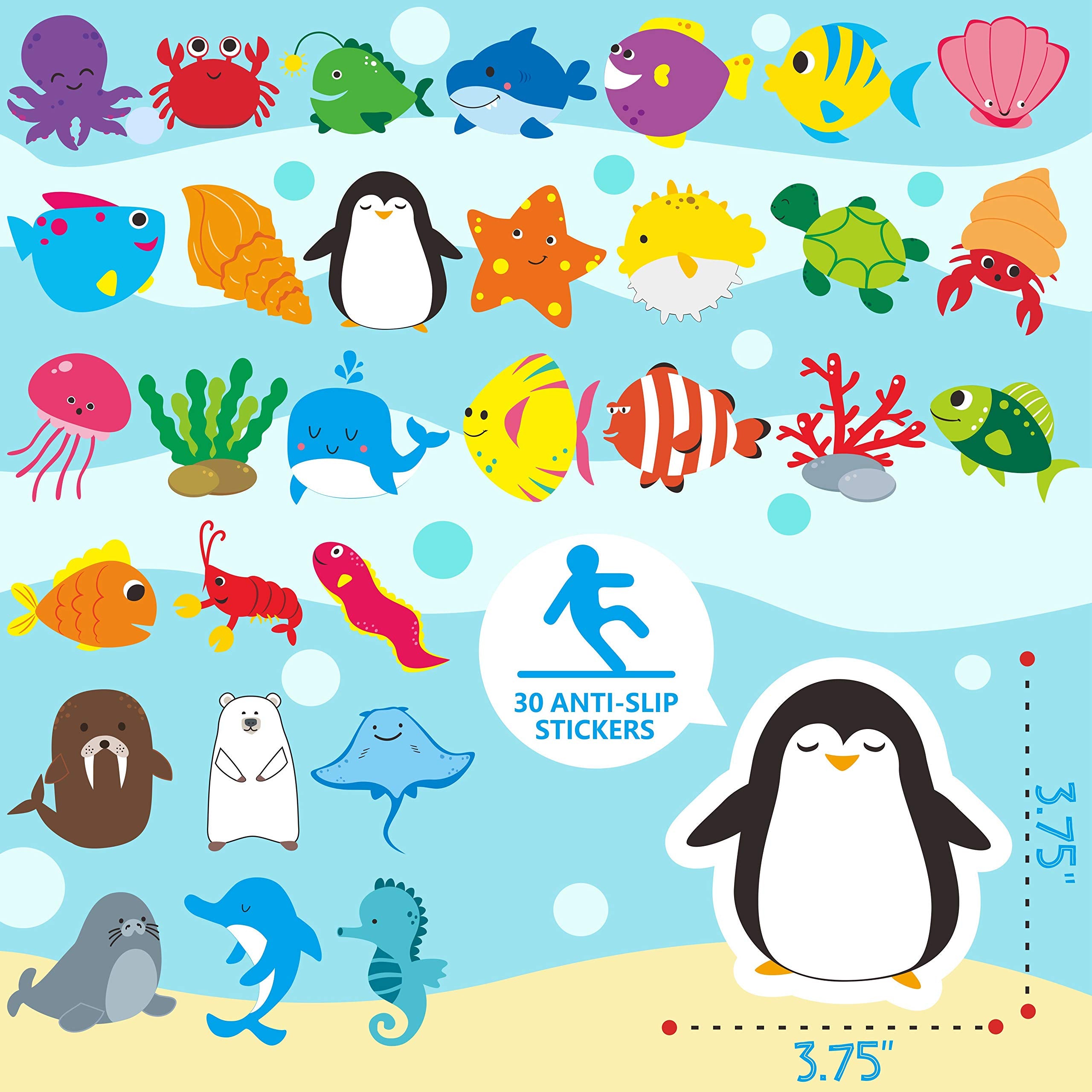Hebayy 30 Adorable Non-Slip Sea Animal Bathtub Shower Deco Water-Resistance Stickers in 30 Designs