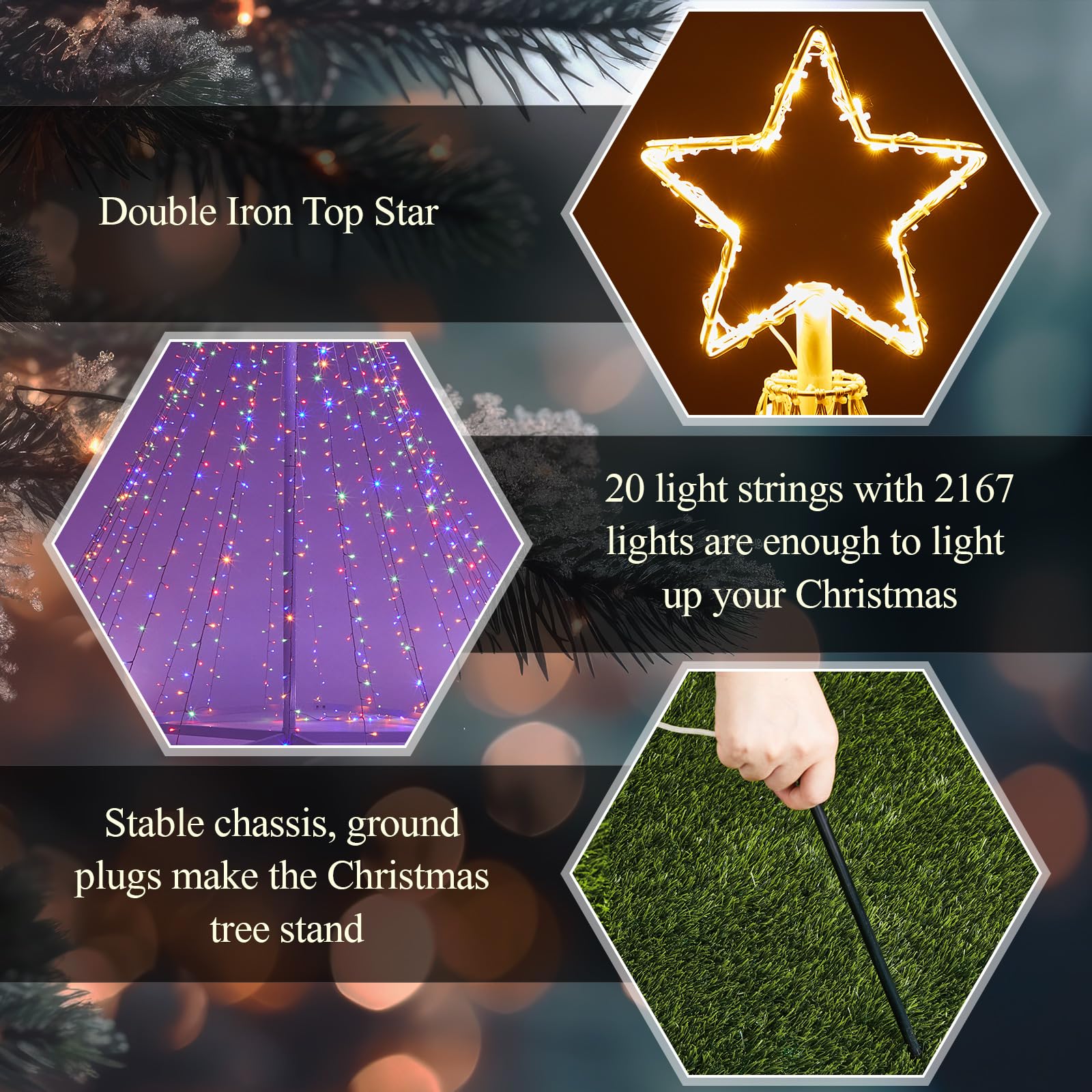 Riakrum 15ft-2167 LED Flagpole Christmas Tree Lights Outdoor Decorations with Star Topper, 8 Lighting Modes Pre-lit LED Flagpole