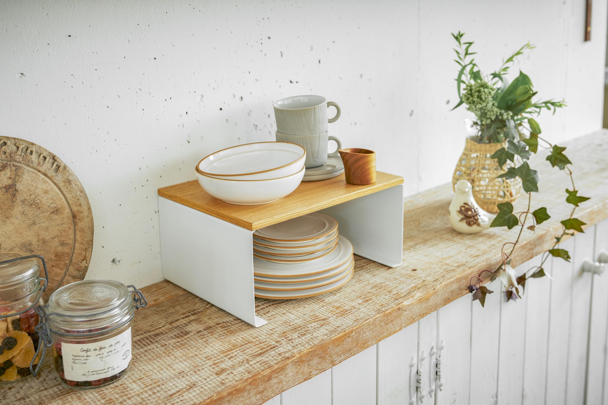 Yamazaki Home Wood-Top Stackable Kitchen Rack - Modern Counter Shelf Organizer Steel + WoodLargeWhite