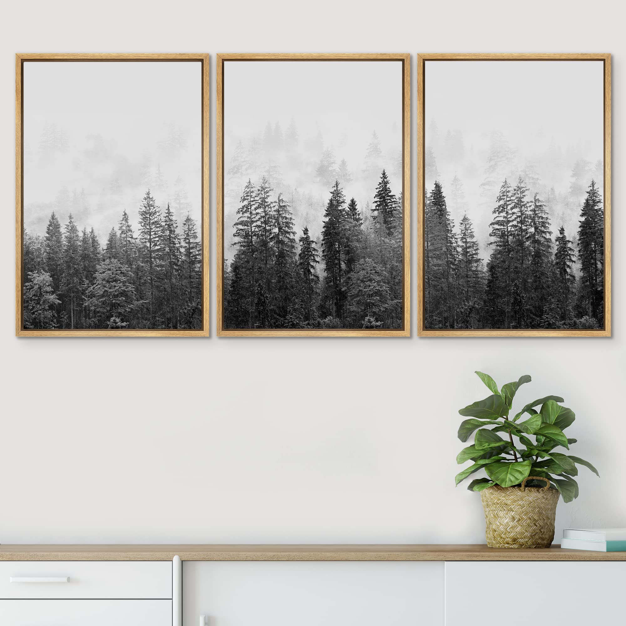 Signwin 3 Piece Framed Canvas Wall Art Black And White Forest Nature Wilderness Illustrations Abstract Traditional Relax/Calm Ho