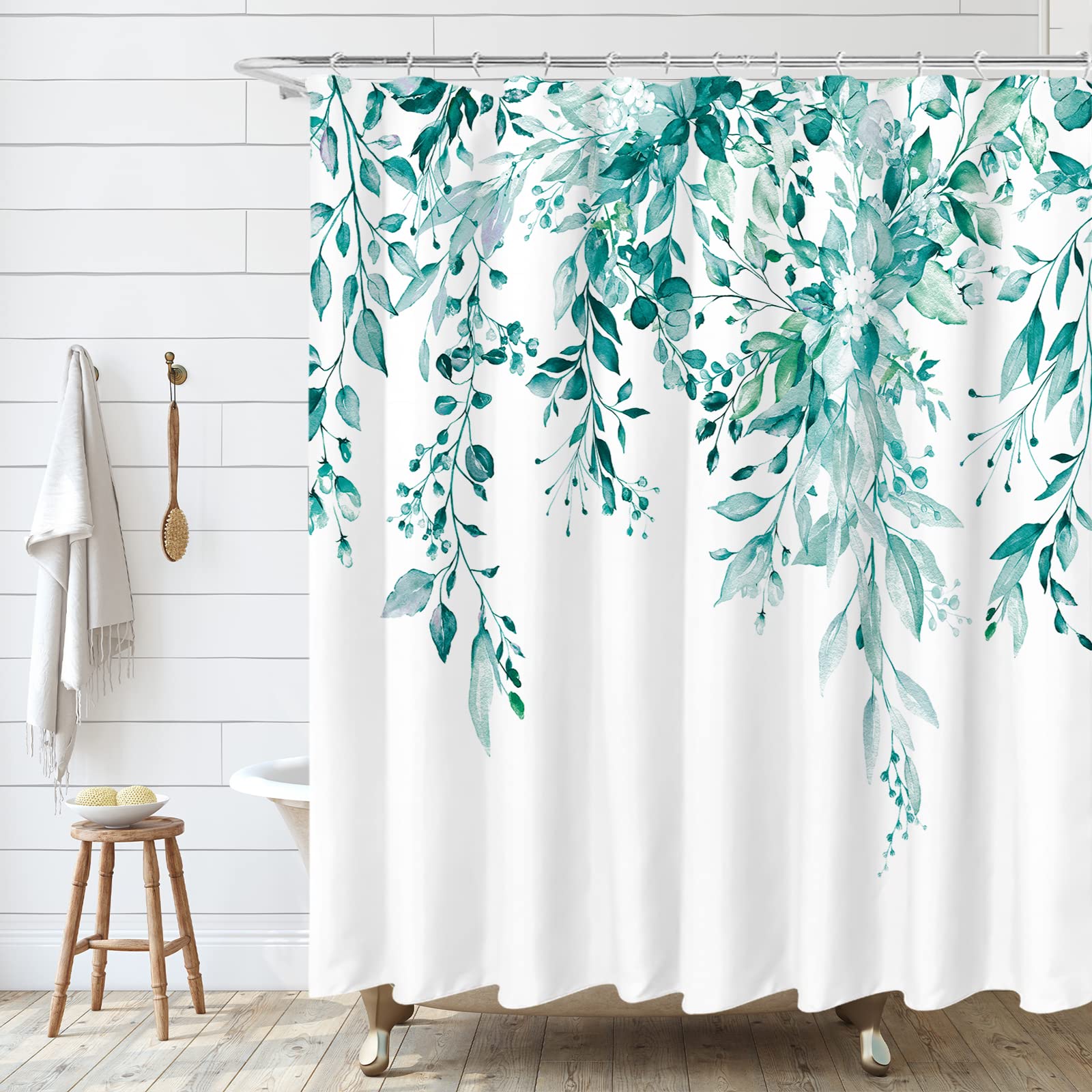Tititex Teal Eucalyptus Shower Curtain, Watercolor Turquoise Leaves On The Top Plant With Floral Bathroom Decoration Shower Curt