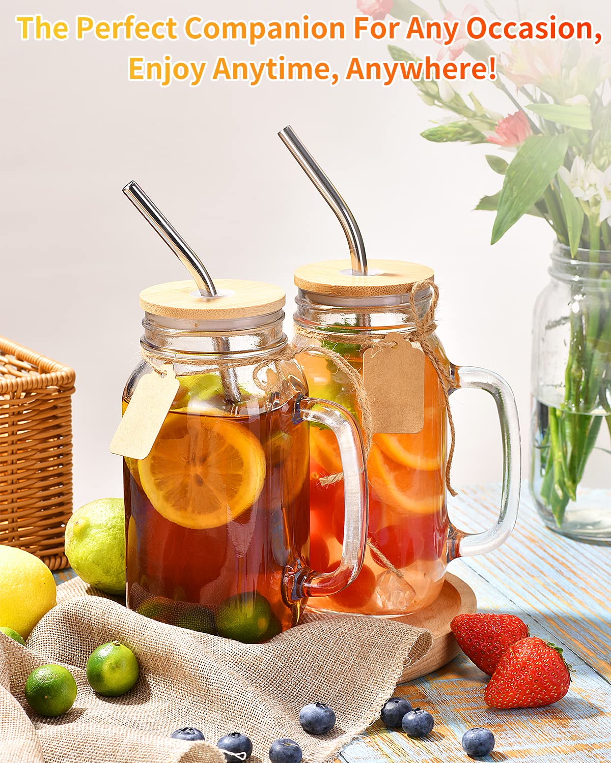 Tanglong Mason Jar With Lid And Straw 24 Oz Mason Jar Cups Set Of 8 Glass Cups With Lids And Straws Mason Jars With Handle Drink