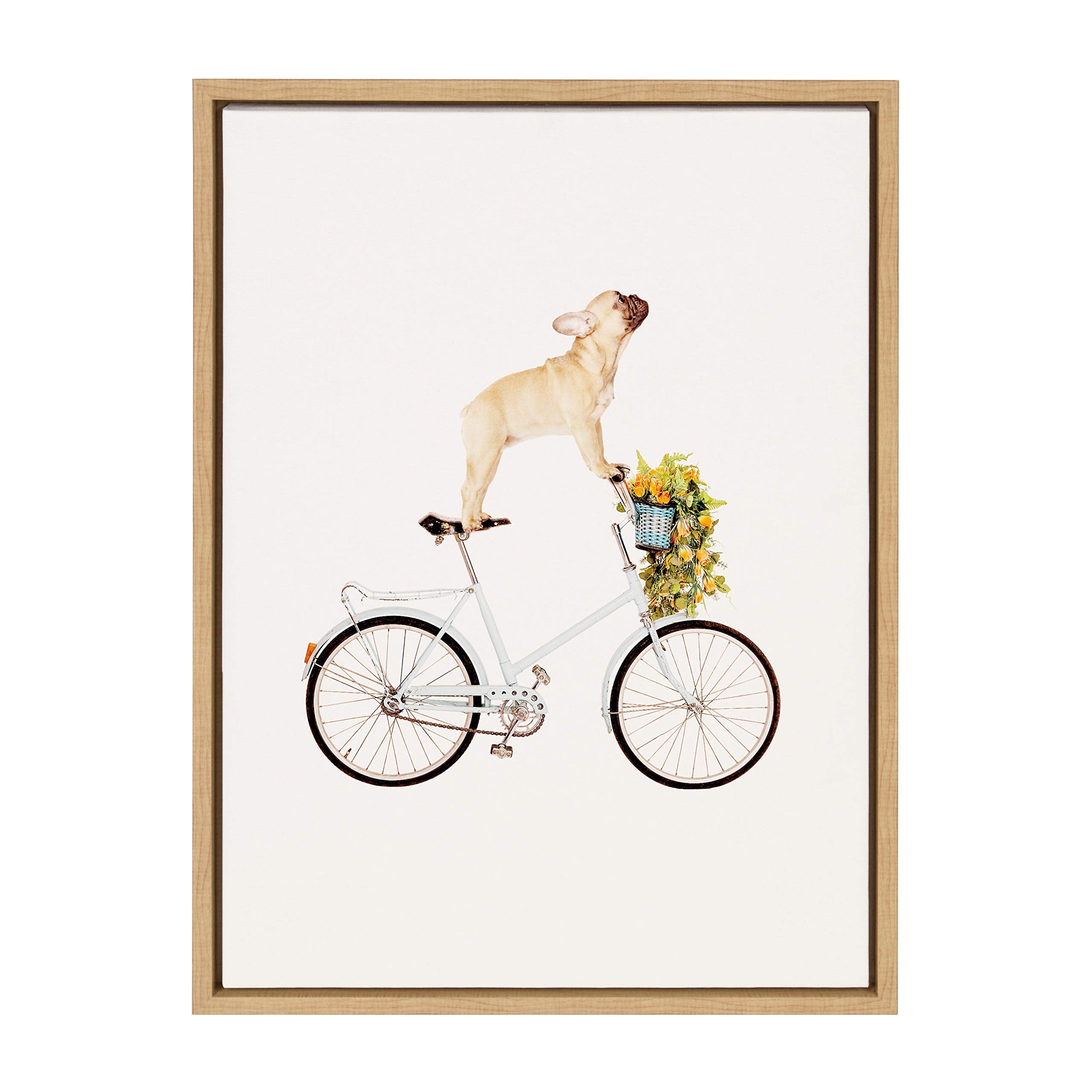 Kate And Laurel Sylvie Frenchie Bulldog Framed Canvas Wall Art By Amy Peterson, 18X24 Natural, Adorable Whimsical Dog Decor