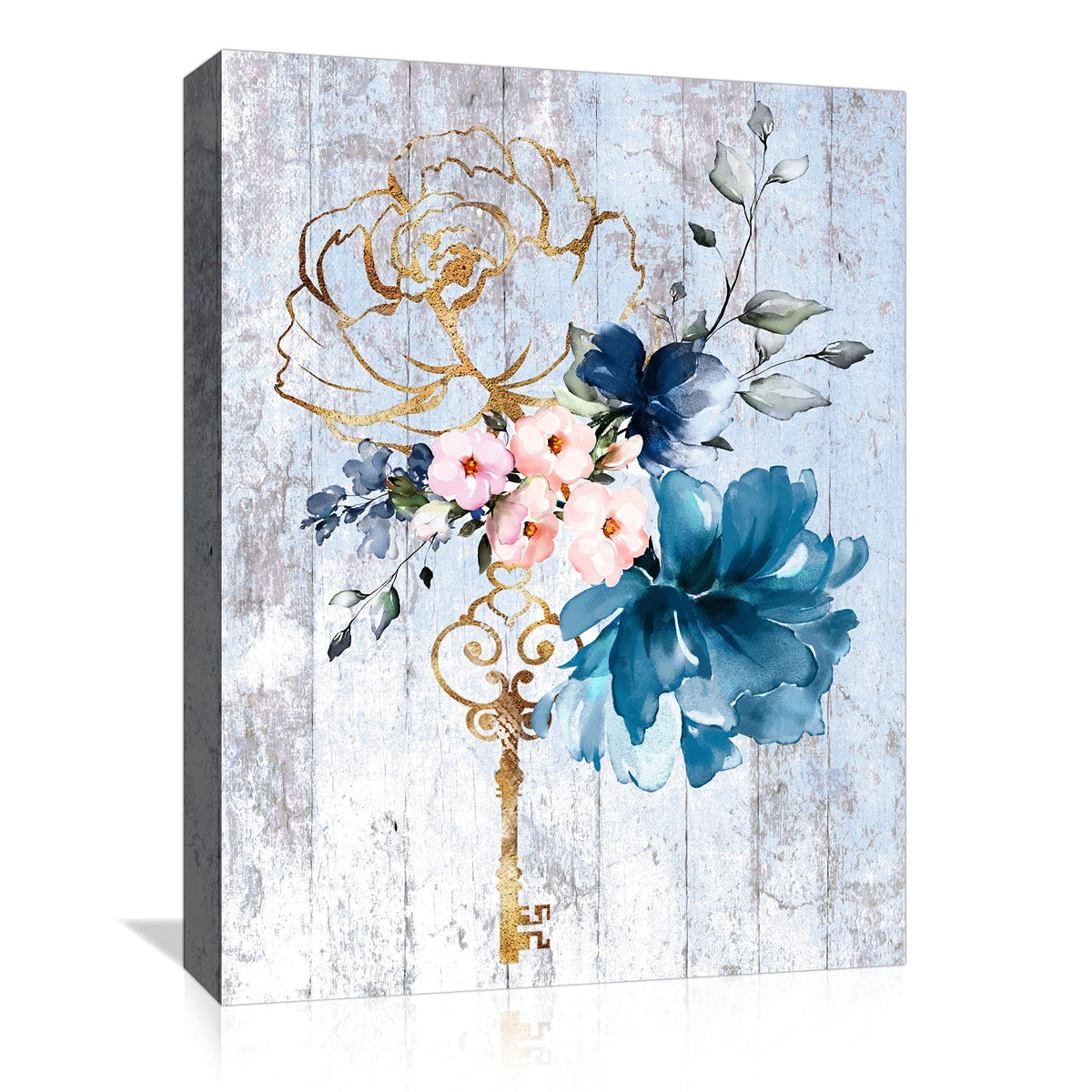 Flower Bathroom Wall Decor Art Pink Blue Pictures Rustic Canvas Wall Art For Kitchen Office Bedroom, Farmhouse Modern Framed Pai