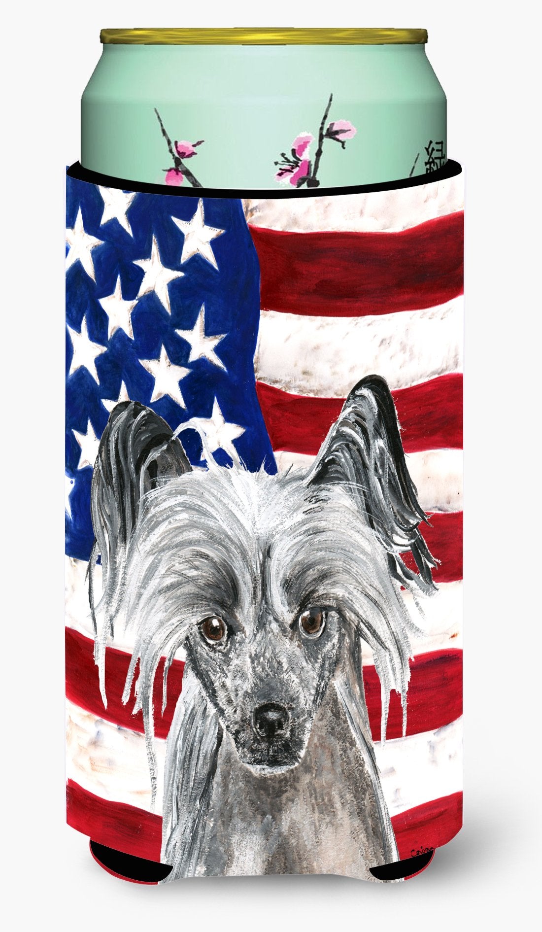 Caroline'S Treasures Sc9522Tbc Chinese Crested With American Flag Tall Boy Hugger Can Cooler Sleeve Hugger Machine Washable Drin