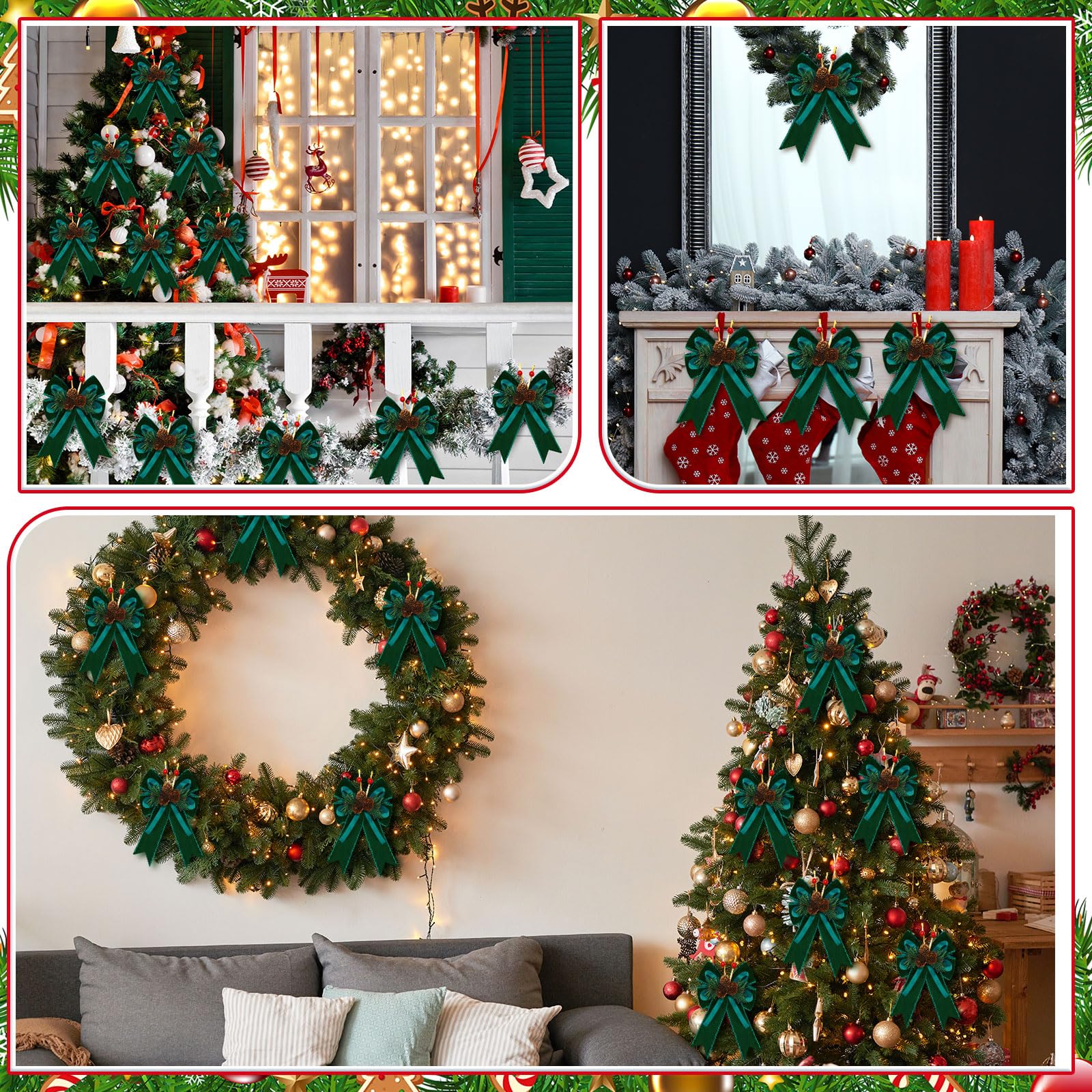 Syhood 6 Pcs Christmas Velvet Bow with Pine Cones Pine Needles Berries Xmas Dark Green Ribbon Bow Ornaments 6.3 x 5.1 Inch for C