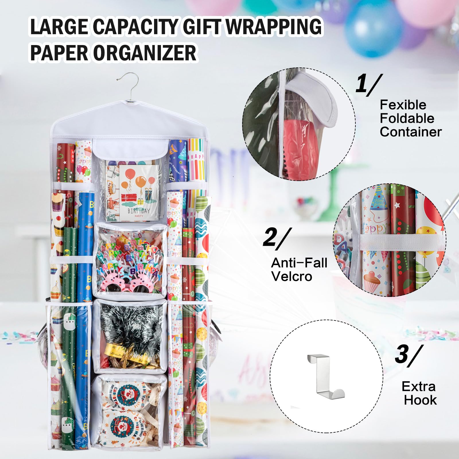 Wrapping Paper Organizer,Hanging Gift Wrap Storage Containers, Eolimex Double-Sided Christmas Wrapping Storage Over Door Organiz
