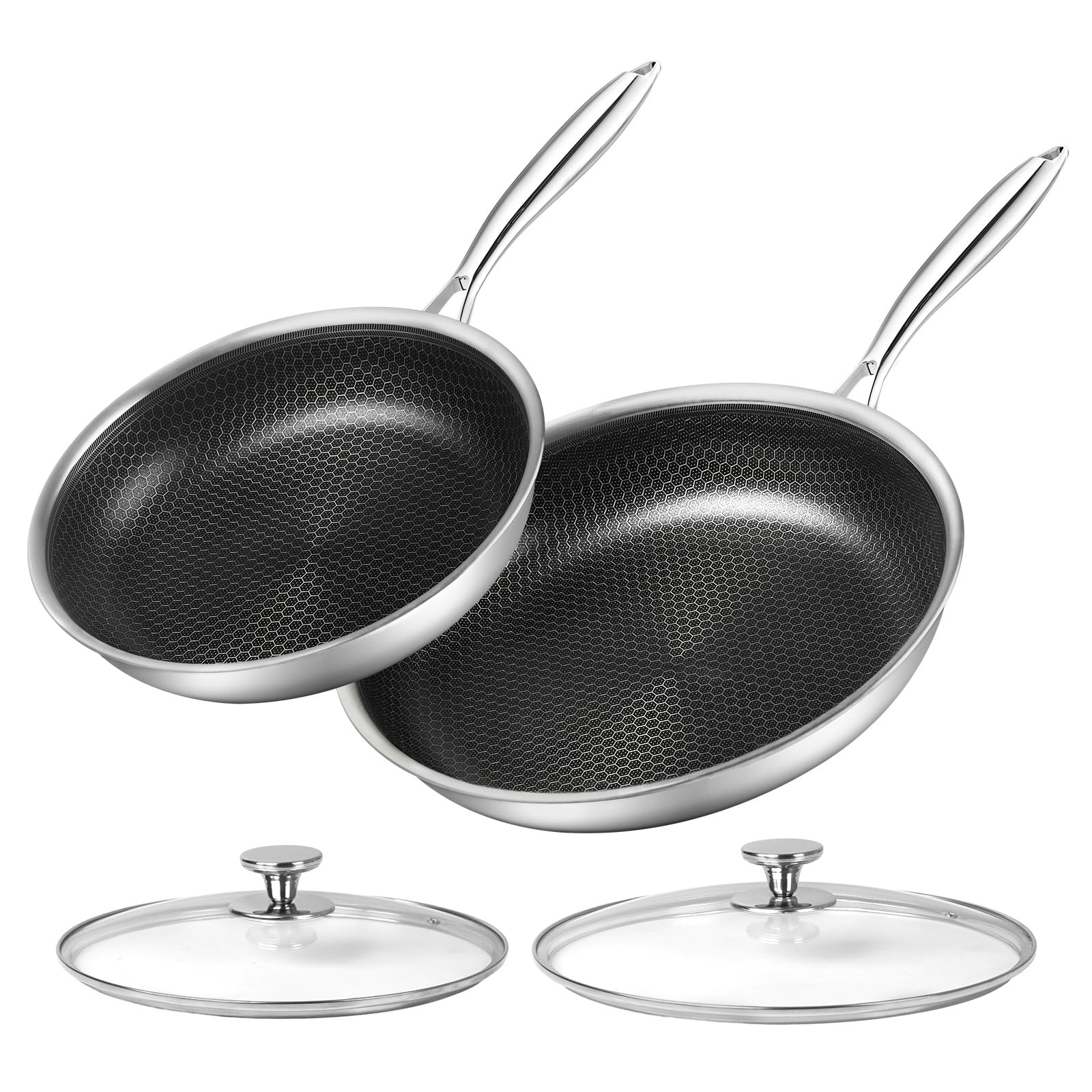 Stainless Steel Frying Pan 10 And 12 Frying Pan Skillet Set W/Cooking Lid Stay Cool Handle Nonstick Pan Omelette Skillet Works W