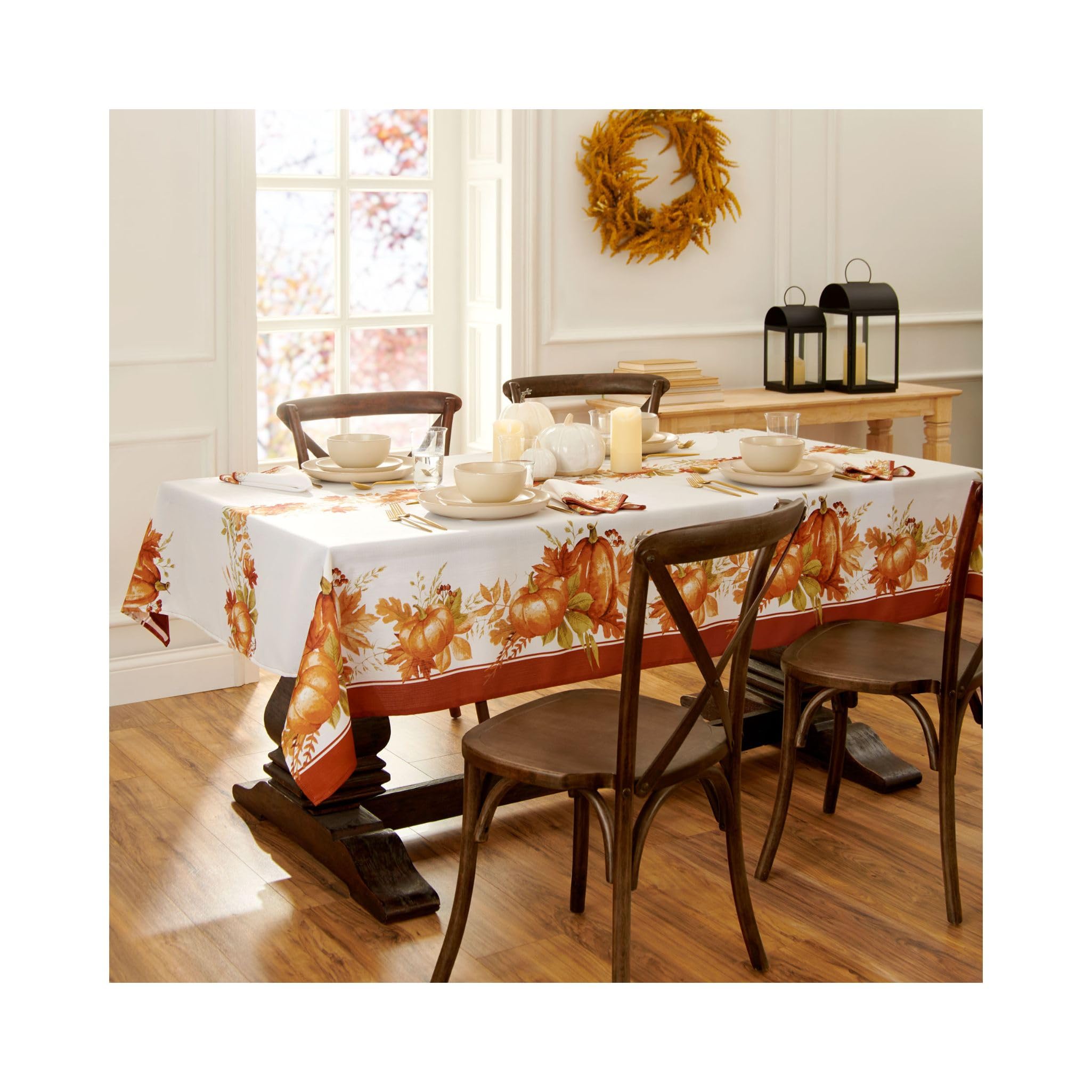 Elrene Home Fashions Autumn Pumpkin Grove Wrinkle Resistant Tablecloth, 60''X102'' Rectangle, Multi Color