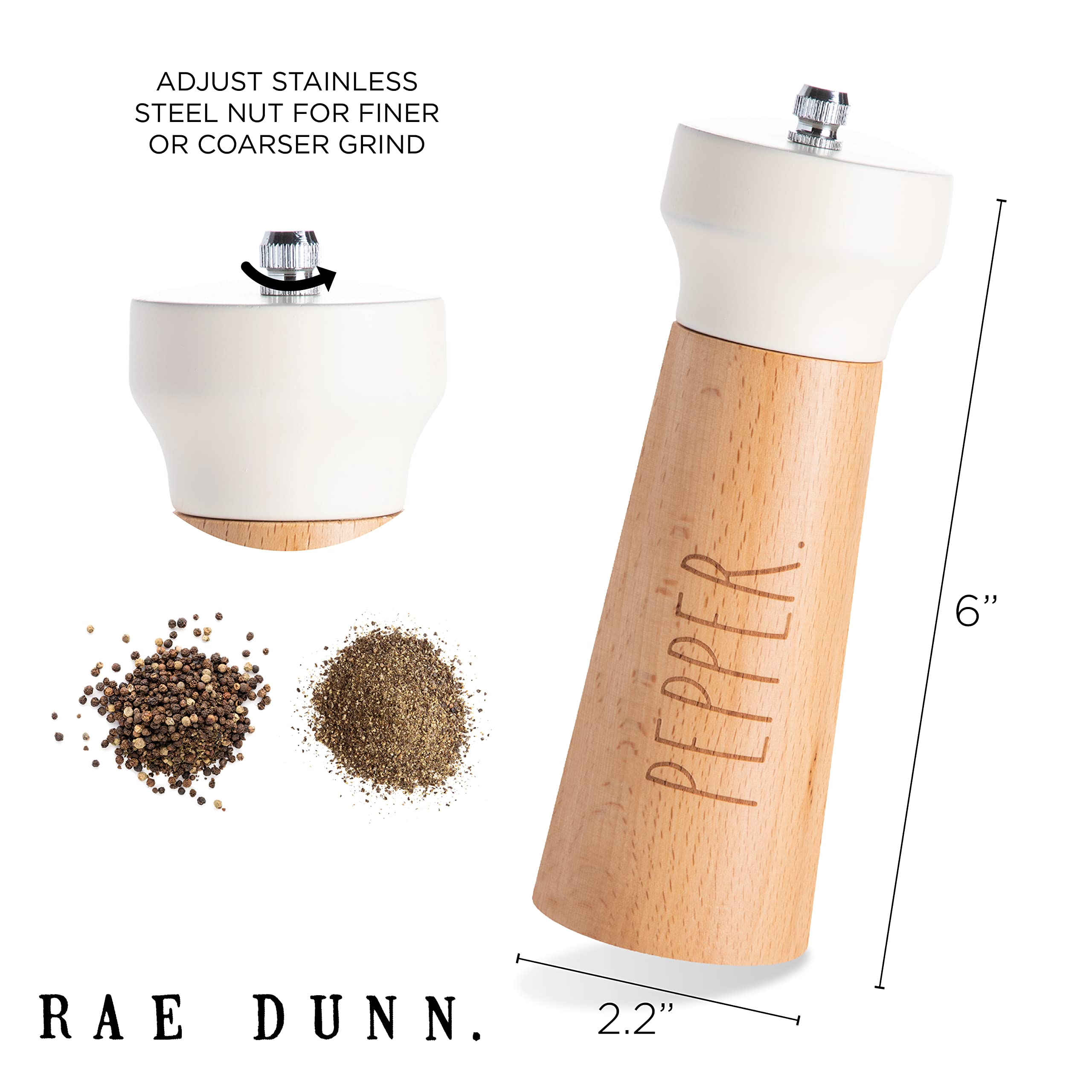 Rae Dunn Set Of 2 - Bamboo Sea Salt Pepper Grinder - Classy Salt And Pepper Shakers - Pepper Mill & Salt Mill