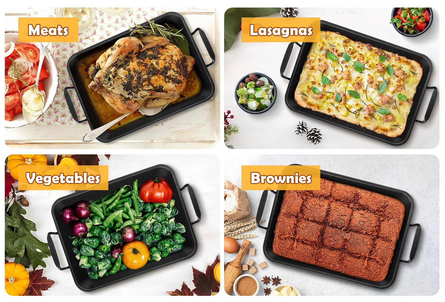 Teamfar Roasting Pan, 14Inch Coated Turkey Roaster Lasagna Pan With V-Shaped Rack & Flat Rack, Non-Stick Coating & Stainless Ste