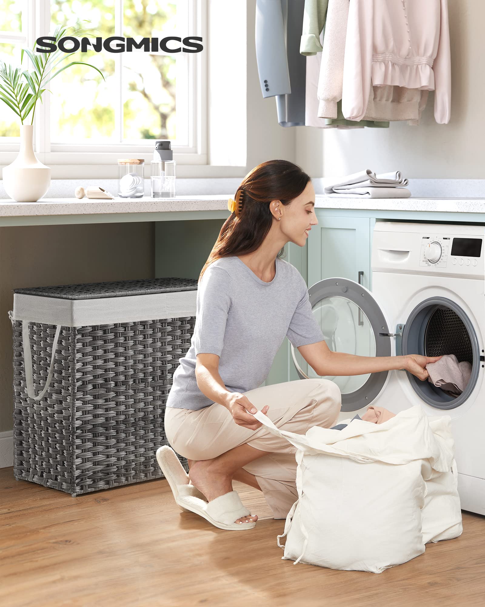 Songmics 130L Clothes Hamper With Lid, 2 Removable Liner Bags, 6 Mesh Bags, Wicker, Double Laundry Basket For Bathroom, 13 X 26
