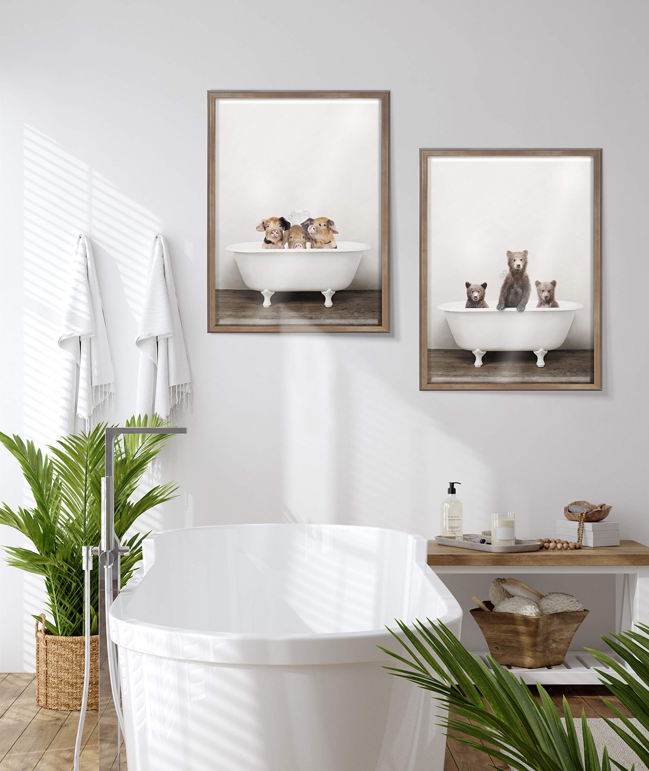 Kate And Laurel Blake Three Little Pigs In Vintage Bathtub Framed Printed Glass Wall Art By Amy Peterson Art Studio, 18X24 Gold,