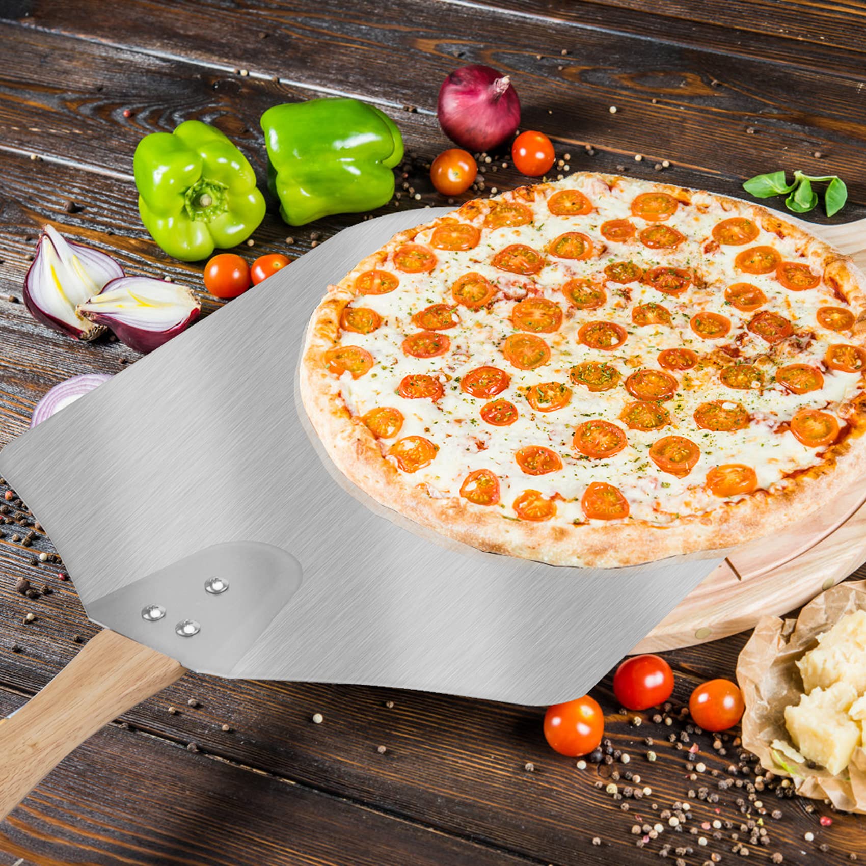 Skyflame Kitchen Supply Aluminum Pizza Peel With Wooden Handle 12 Inch X 14 Inch, Pizza Paddle For Baking Homemade Pizza Bread