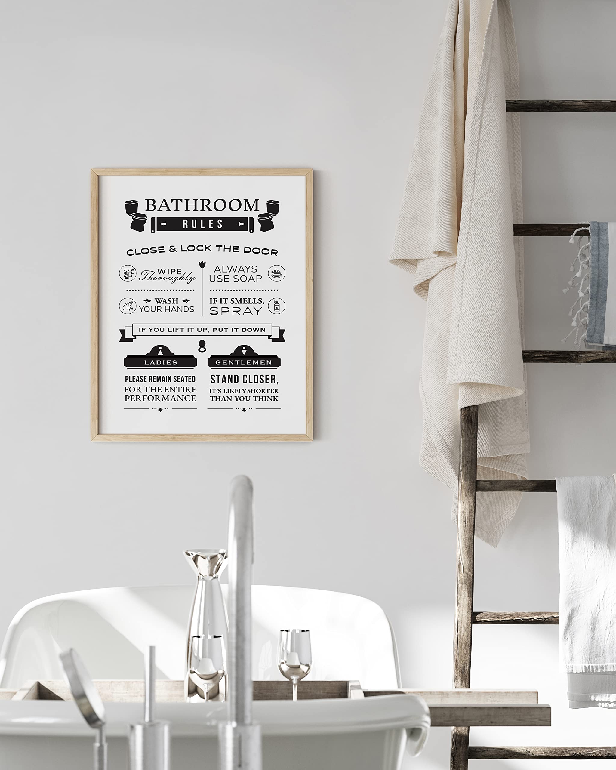HAUS AND HUES Funny Bathroom Decor & Bathroom Signs Funny Bathroom Wall Art & Bathroom Decor Signs  Funny Bathroom Signs  Toilet Art  Funny Bathroom Rules Wall Decor  12''x16'' UNFRAMED (Rules)