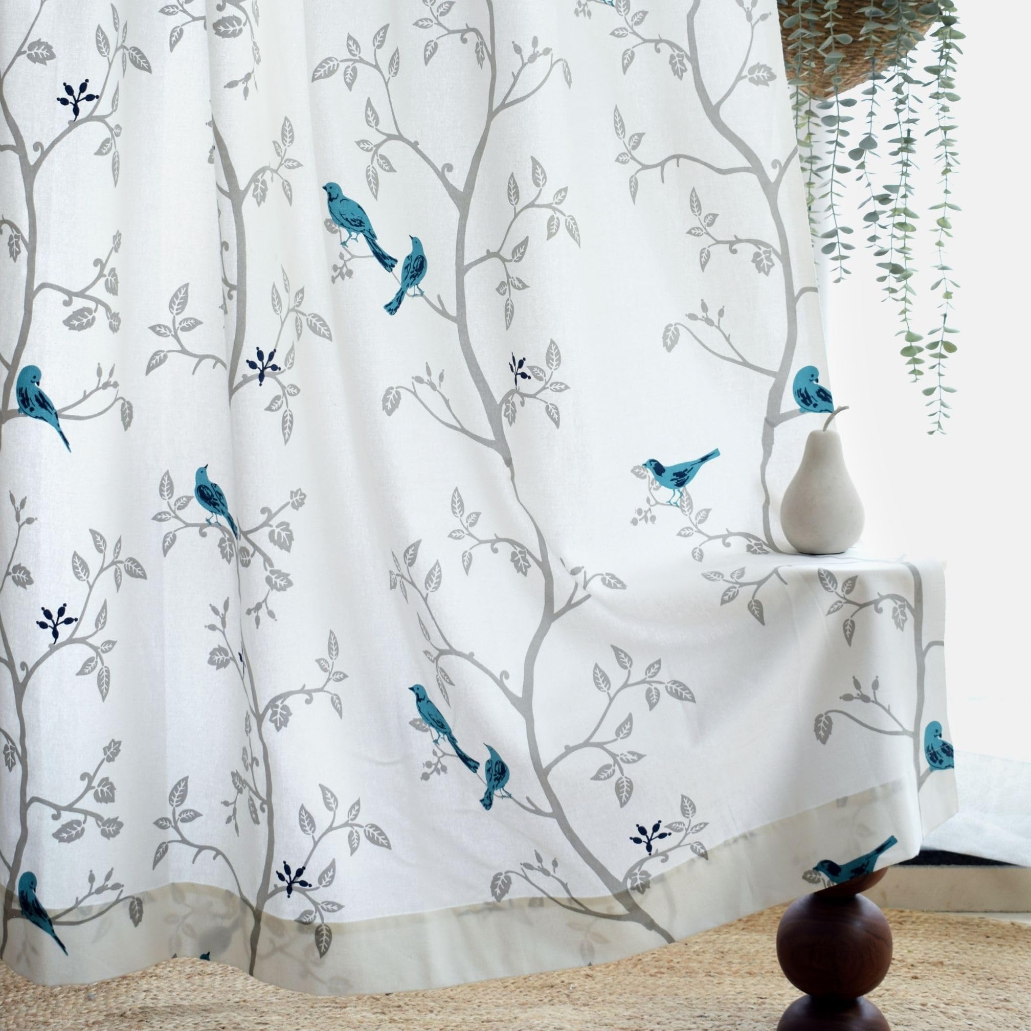 Tranquebar Curtain Co. Cotton Curtains 7 Feet Long Set Of 2, 60-65% Room Darkening, Blue Bird Print, Door Curtains 7 Feet Set Of