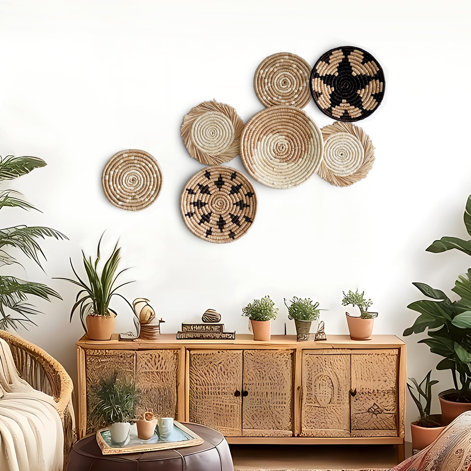 Coyacool Hanging Woven Wall Basket Decor - Wicker Wall Baskets Decor Boho Flat Set Of 7 - Boho Wall Decor Art - African Baskets