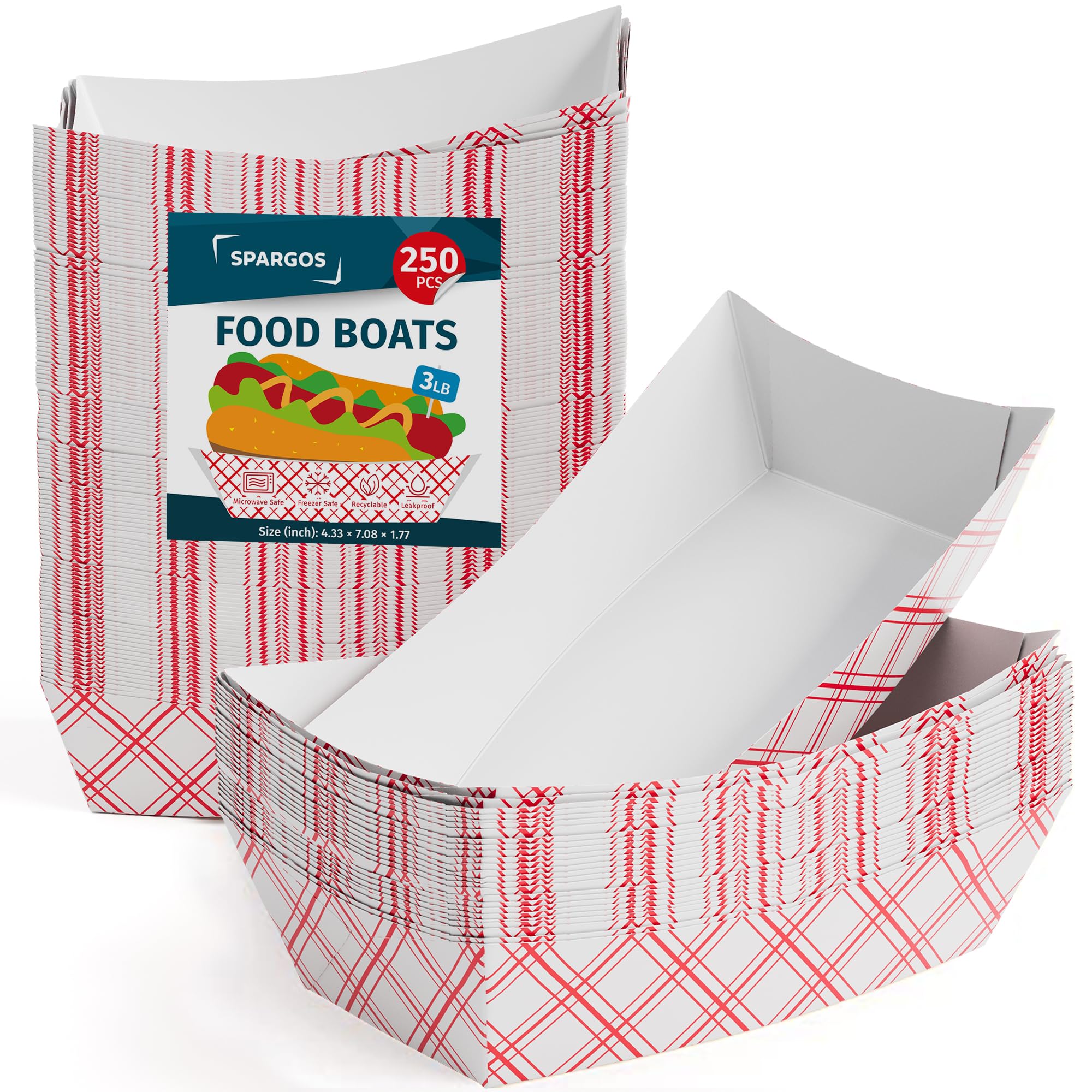 SPARGOS Food Boats (250 Pack) 3LB Red & White - Paper Food Trays Leakproof & Freezer Safe - Chekered Nacho Trays Disposable for 