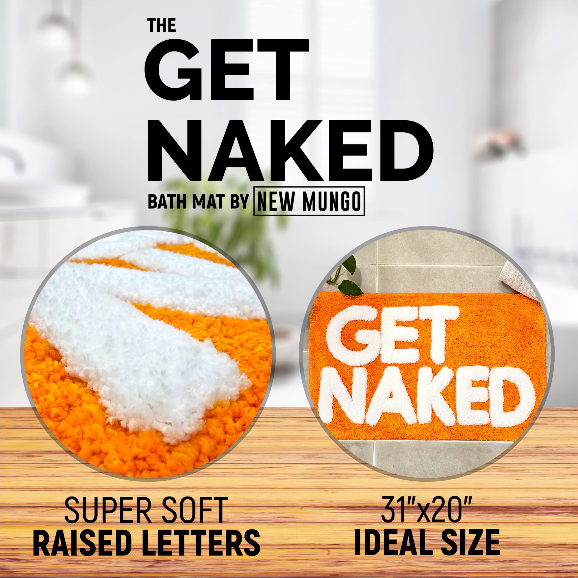 New Mungo Get Naked Bath Mat Orange - Cute Bathroom Rugs  Cute Bath Mat  Apartment Decor  Funny Bath Mat  Fun Bath Mat  Shower Rug  Get Naked Rug  Orange Bathroom Rugs with White Letters - 31'' x 20''