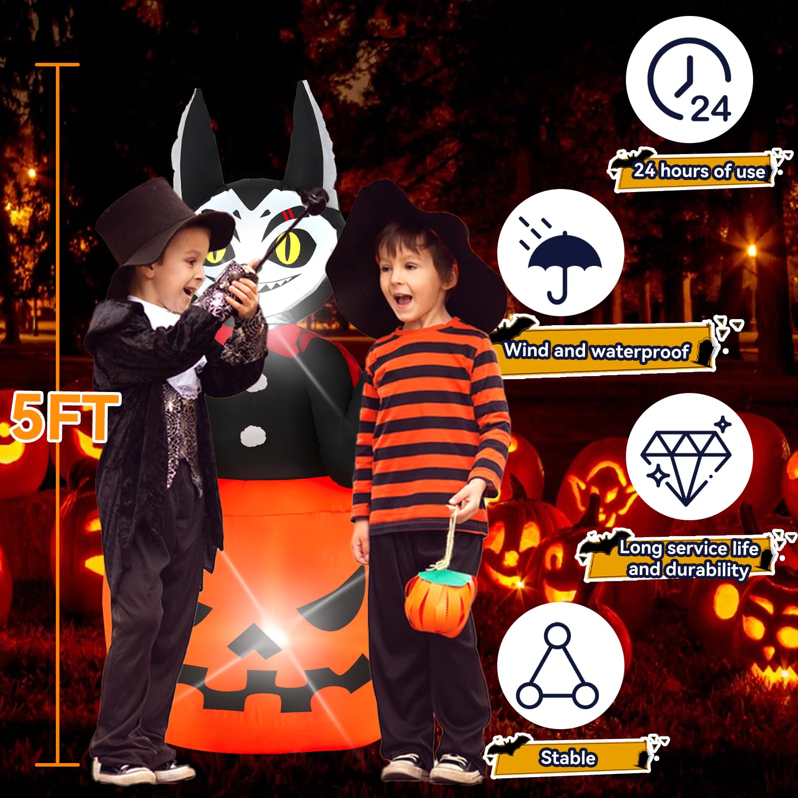 Halloween Inflatable, SHDEJTG 6FT Pumpkin Cat Inflatable Decoration with LED Lights Built-in for Outdoor, Holiday, Party, Yard,