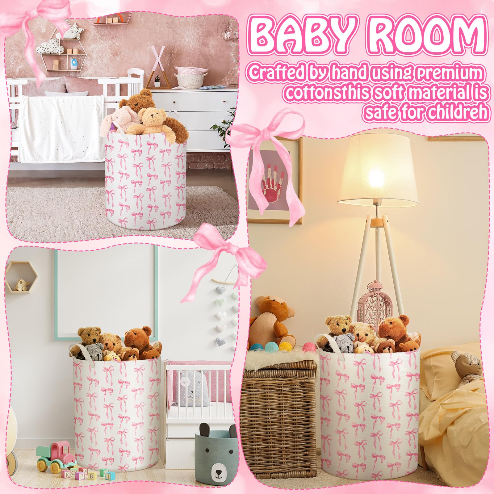 Croblissful 2 Pcs Coquette Bow Laundry Basket Coquette Storage Basket For Girls Nursery Hamper With Handles Foldable Waterproof