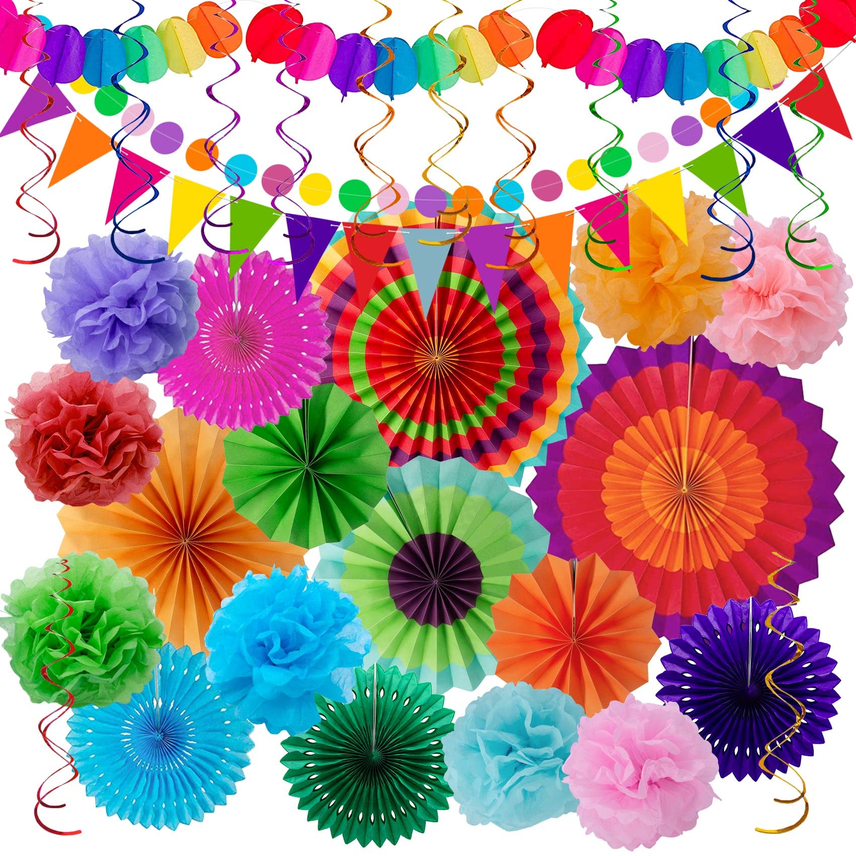 Huryfox Fiesta Party Decorations - 33Pcs Colorful Mexican Themed Hanging Paper Fans, Rainbow Paper Pom Poms, Fiesta Bunting And
