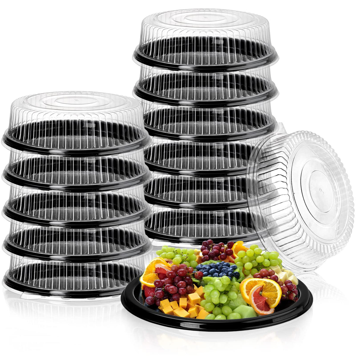 Frcctre 12 Pack Plastic Serving Tray With Lid, 12'' Plastic Disposable Food Serving Platters With Clear Dome Lids, Stackable Rou